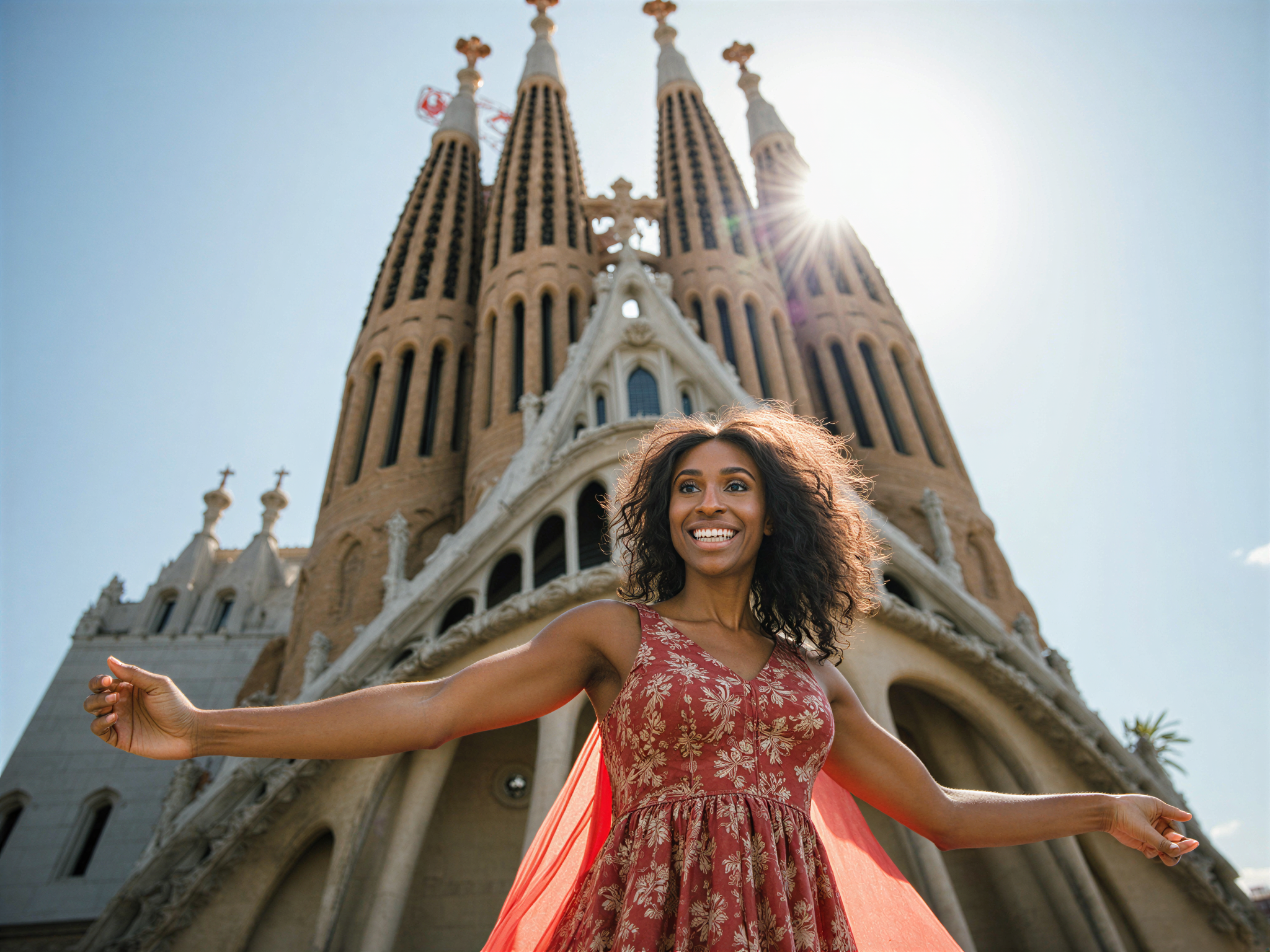 A joyful female figure, OD62S, aged 28, captured in front of the Sagrada Familia in Barcelona, exuding happiness. She wears a flowing, bohemian-style maxi dress adorned with intricate floral patterns, dancing playfully with her arms outstretched. The radiant sunlight filters through the iconic stone towers, casting vibrant colors and shadows, elevating the cheerful atmosphere. Her curly hair blows gently in the breeze, and her bright smile reflects the wonder of the magnificent architecture behind her, creating a moment that embodies the joy of life and travel.