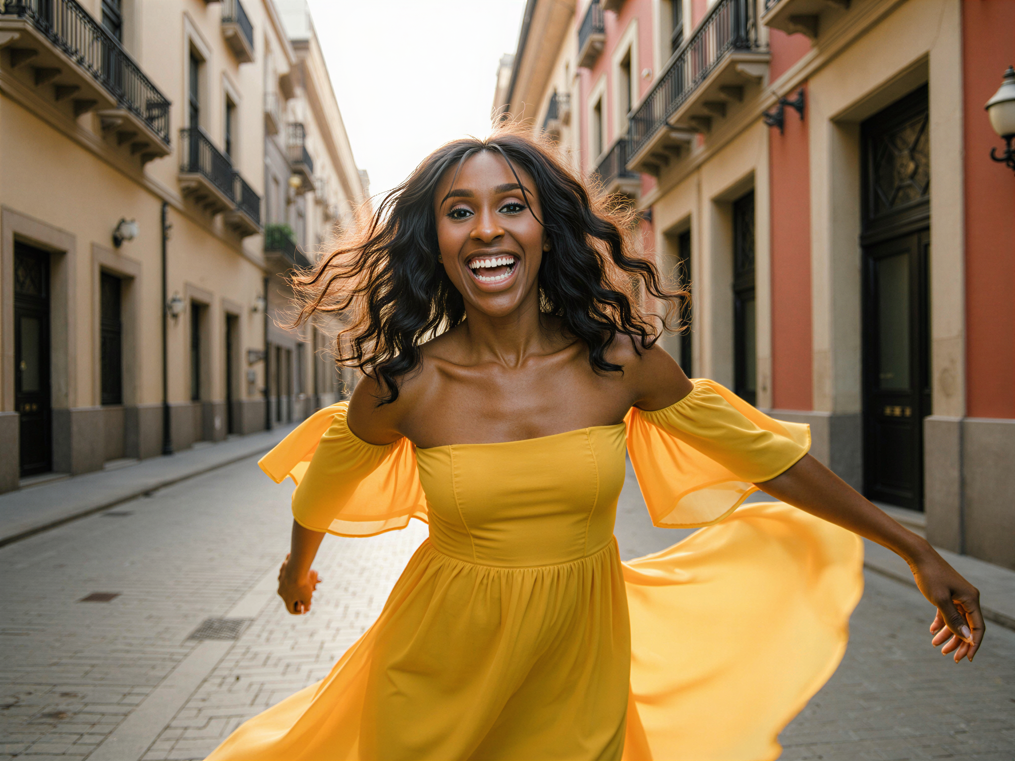 A joyous scene featuring a female individual, OD62S, aged 28, captured in the vibrant streets of Madrid. She is wearing a flowing, sun-drenched off-shoulder dress in shades of bright yellow, which dances around her as she twirls. Her hair cascades in loose waves, adorned with wildflowers. The architecture of Madrid serves as a picturesque backdrop, with colorful tiles and lively street art. The atmosphere is filled with happiness and energy, illuminated by the warm golden hour sunlight that enhances her radiant smile. This photograph encapsulates the essence of youthful exuberance, evoking a contemporary, travel-inspired fashion editorial aesthetic.