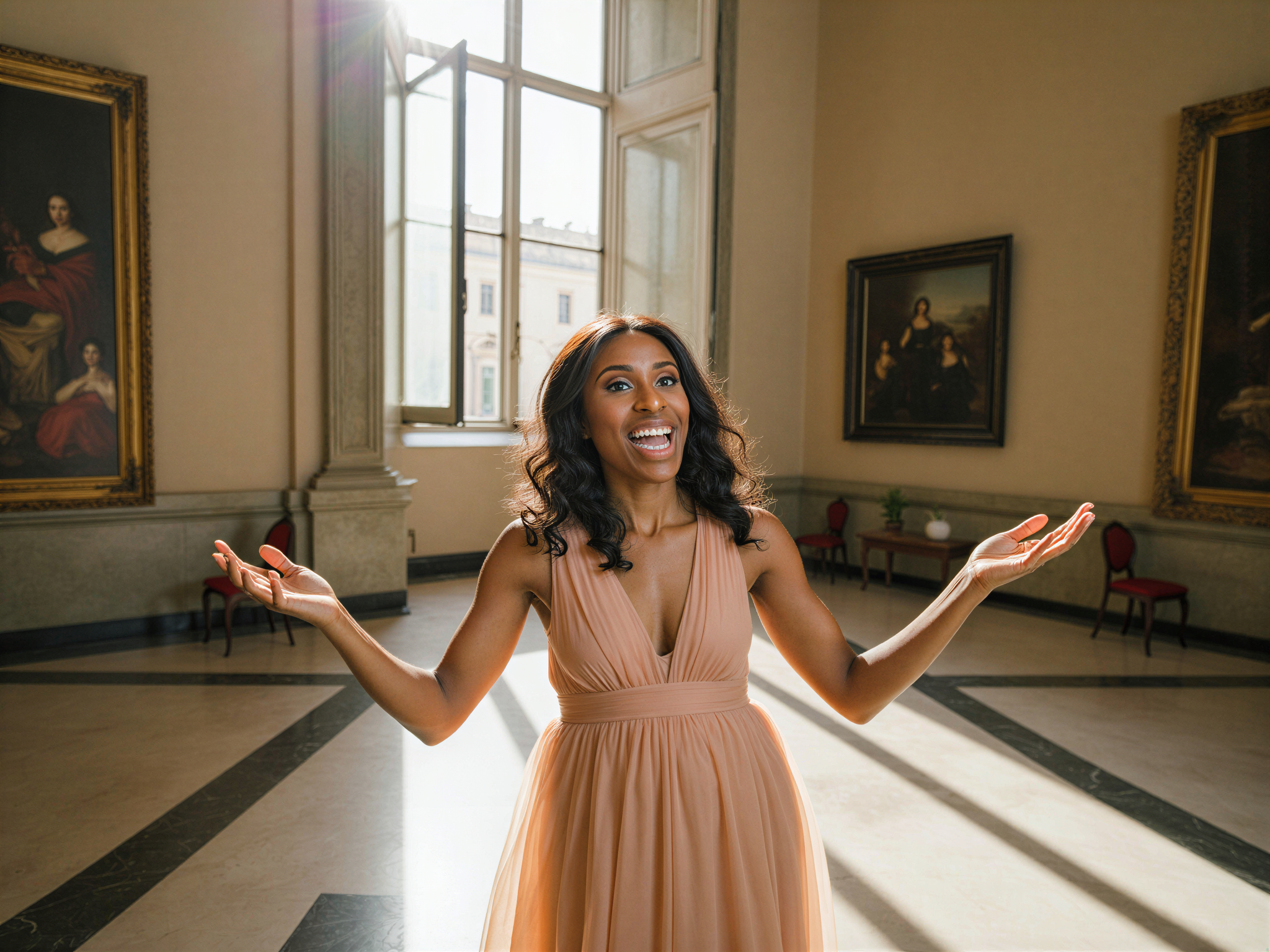 A joyful female figure, OD62S, aged 28, captured in a sunlit corner of the Prado Museum, surrounded by classic artworks. She is wearing a flowing pastel-colored dress made of chiffon that captures the essence of a contemporary muse, harmonizing with the museum's majestic interiors. The light streams through the tall windows, illuminating her bright smile and lively expression, as she playfully interacts with the cultural masterpieces around her. The photograph radiates happiness and curiosity, set in an atmosphere of artistic grandeur, inviting viewers into her world of wonder and appreciation for art.