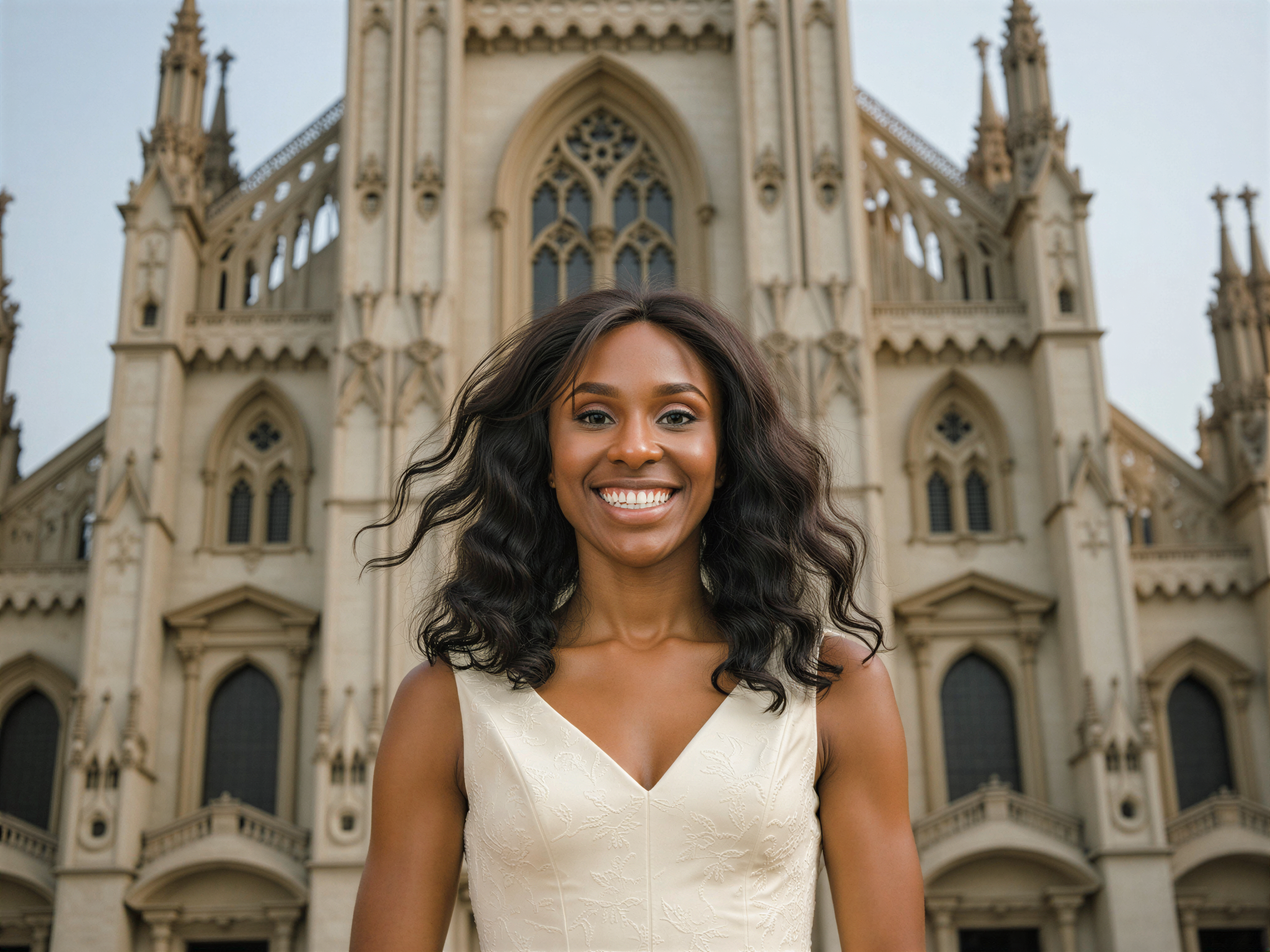 A vibrant and joyous portrait of a female subject, OD62S, aged 28, captured in front of a grand cathedral. She wears an elegant, flowing dress in soft ivory that dances in the breeze, adorned with delicate lace detailing and a cinched waist that flatters her figure. Her hair cascades in loose, romantic waves, adorned with floral accents that tie into the enchanting setting. The sunlight bathes her in a warm glow, enhancing her radiant smile and sparkling eyes that reflect pure happiness. The majestic cathedral, with its intricate Gothic architecture, looms in the background, creating a stunning backdrop that adds depth and contrast to the joyful scene. This image encapsulates the exuberance of a moment filled with hope and celebration, like the spirit of a wedding or a festive gathering.