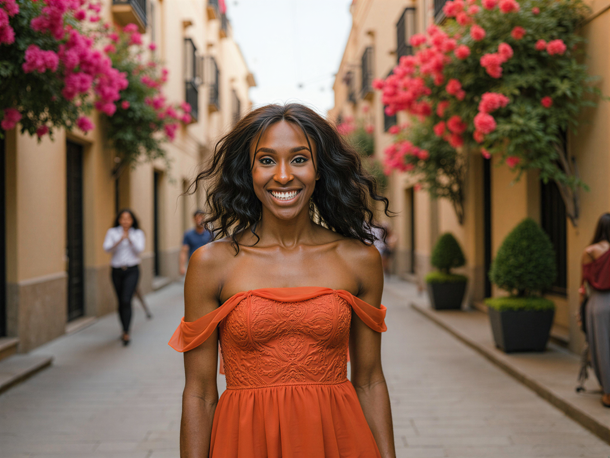 A joyful female figure, OD62S, aged 28, captured in a picturesque street of Seville, adorned with vibrant bougainvillea cascading from nearby balconies. She wears a flowing, sun-kissed, off-shoulder maxi dress in bright terracotta, with intricate lace detailing that dances in the gentle breeze. Her expressive face beams with happiness, framed by loose, tousled curls illuminated by the warm afternoon sun. The background features the classic Spanish architecture, preserved tiles, and inviting narrow alleyways, encapsulating the lively spirit of the city. The composition evokes a sense of joy, freedom, and a celebration of life in this enchanting locale.