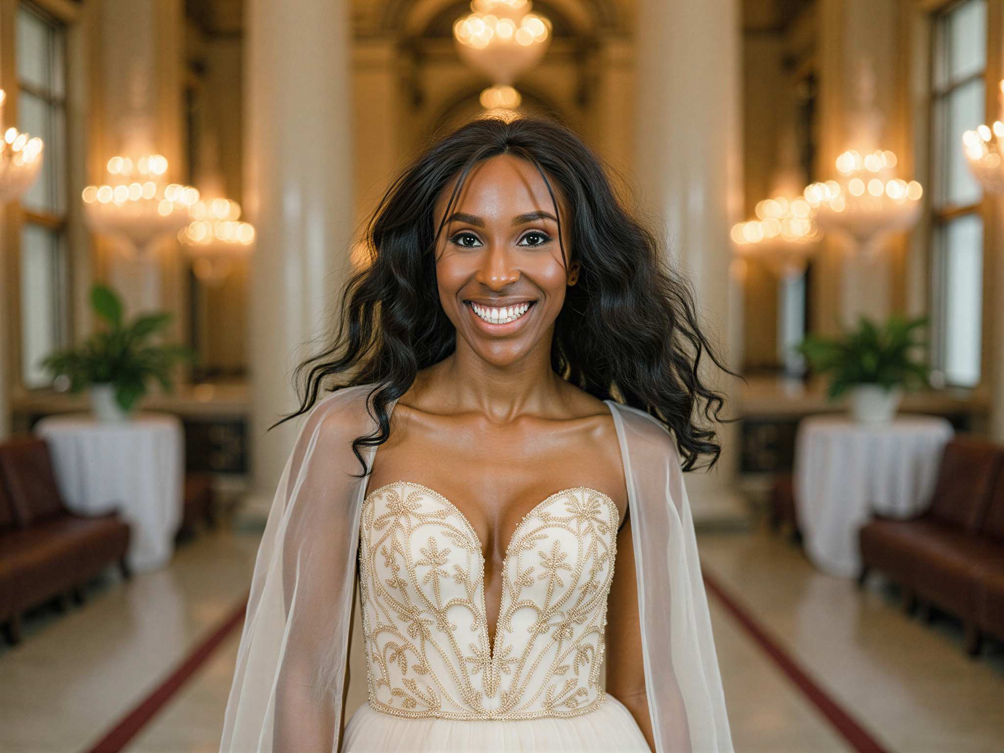 A joyful female figure, OD62S, aged 28, standing in the opulent Grand Palace, embodying the essence of happiness and elegance. She wears a stunning, flowing gown of ivory chiffon georgette, adorned with intricate gold embroidery that glistens under the grand chandeliers. The soft, ethereal fabric drapes gracefully around her, with a delicate train. Her hair cascades in loose, romantic waves, embellished with tiny golden flowers, reflecting the palace's grandeur. The background showcases the palace's ornate architecture and opulent details, enhanced by warm, natural lighting filtering through the tall windows, creating an enchanting and uplifting atmosphere. The pose conveys a sense of jubilation and celebration, perfectly capturing a moment of bliss within a regal setting.
