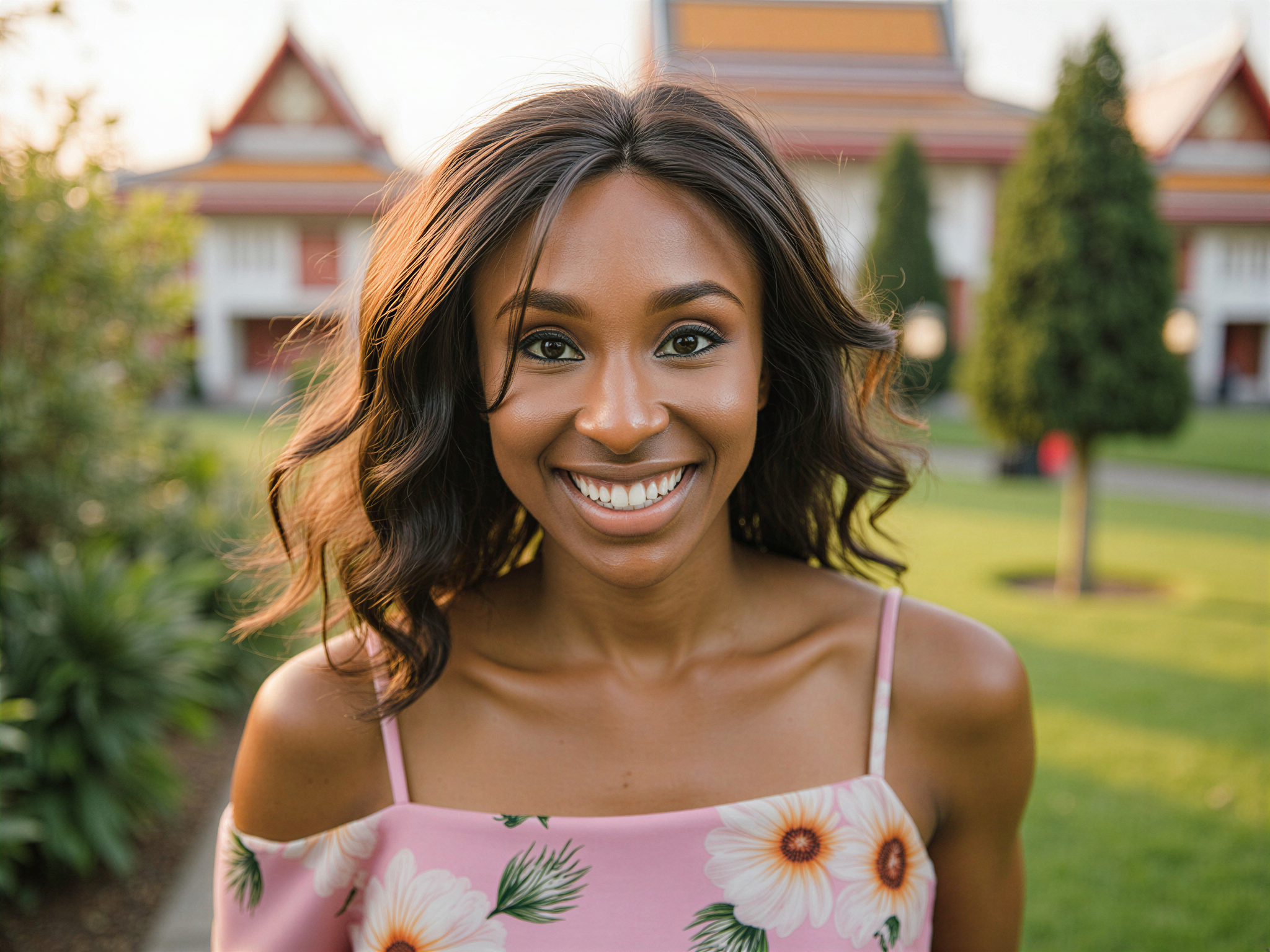 A joyful female individual, OD62S, aged 28, captured in a vibrant, outdoor portrait at Doi Suthep, surrounded by the lush greenery and iconic temple architecture. She wears a flowing, pastel-hued sundress that flutters gently in the breeze, radiating a carefree spirit. Her hair cascades in loose waves, adorned with delicate flowers, encapsulating the bliss of a perfect day. As she smiles brightly, the golden sunlight bathes her in warmth, emphasizing her glowing skin and sparkling eyes. The background features elements of traditional Thai architecture, creating a harmonious blend of culture and nature, encapsulating a sense of adventure and happiness.