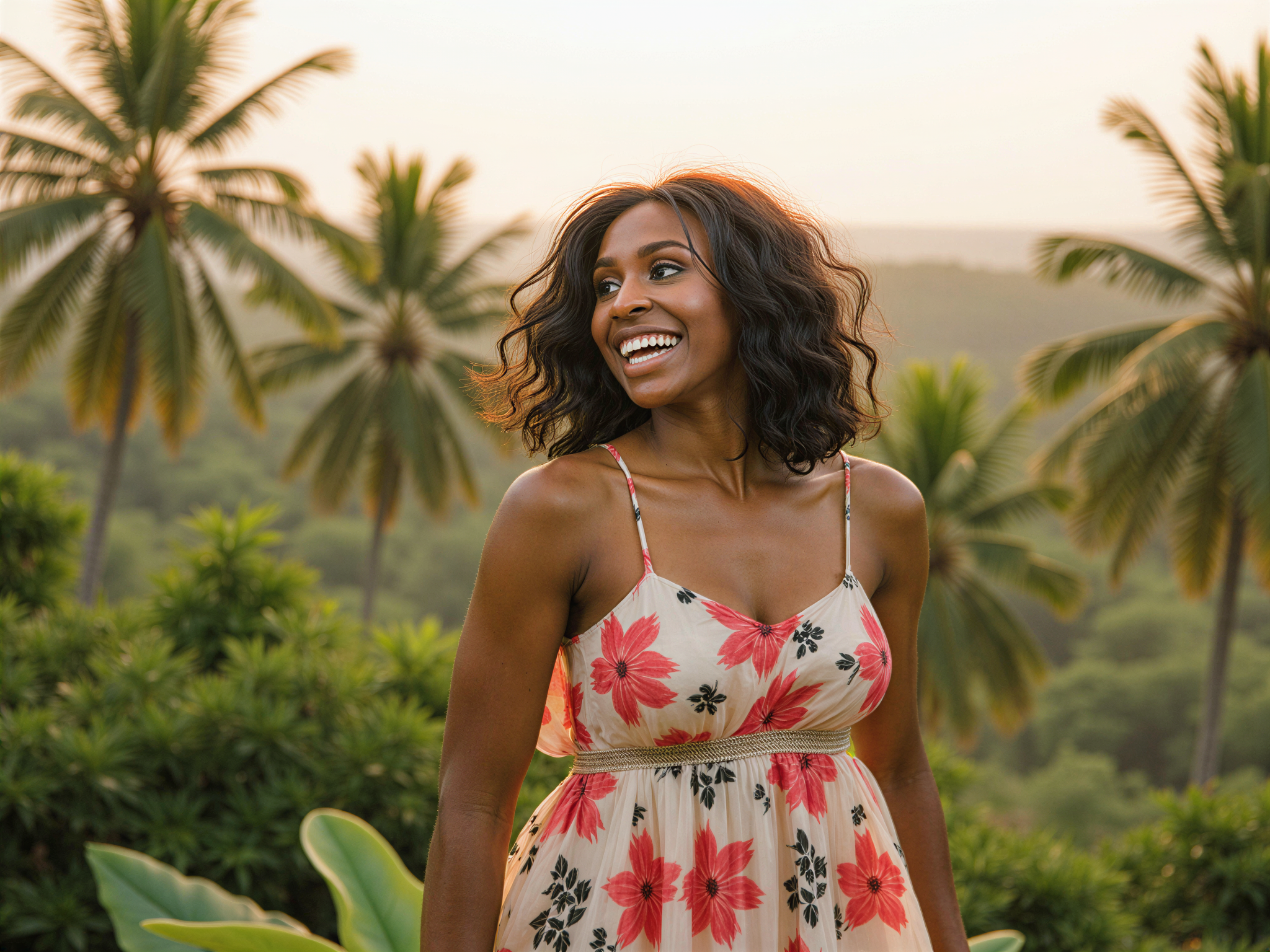 A vibrant and joyful female subject, OD62S, aged 28, immersed in the picturesque landscapes of Thailand. She wears a flowing, colorful sundress made from lightweight chiffon, adorned with floral patterns that echo the tropical surroundings. Her laughter is infectious, encapsulated in a candid moment as she gazes towards the sun, with her hair dancing in the gentle breeze. The backdrop features lush greenery and swaying palm trees, enhanced by warm golden light that captures the essence of a carefree summer. The composition embodies happiness and the spirit of adventure, evoking a sense of wanderlust and cultural exploration. The atmosphere is filled with the liveliness of a market or a beach, inviting viewers to share in her joy and the beauty of Thailand.