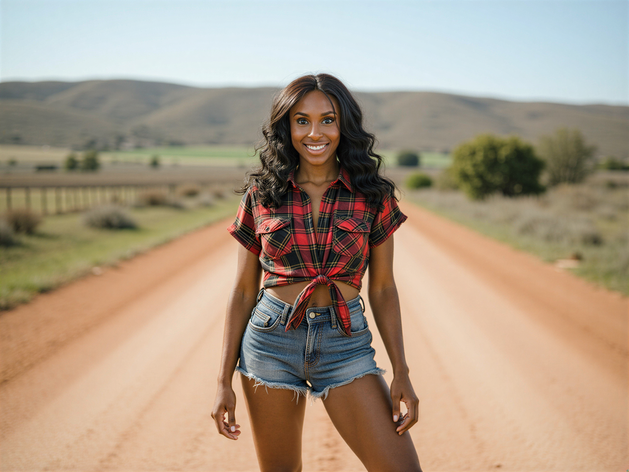 A 28-year-old woman, OD62S, is captured in a vibrant, joyful scene inspired by the song 'Old Town Road.' She is dressed in a stylish, modern cowgirl outfit, featuring a plaid shirt tied at the waist, high-waisted denim shorts, and cowboy boots. Her hair is styled in loose waves, and she wears natural, glowing makeup. She stands confidently on a dusty road, with a picturesque rural landscape in the background, including rolling hills and a clear blue sky. The image exudes a sense of happiness and freedom, capturing the essence of a carefree, adventurous spirit.