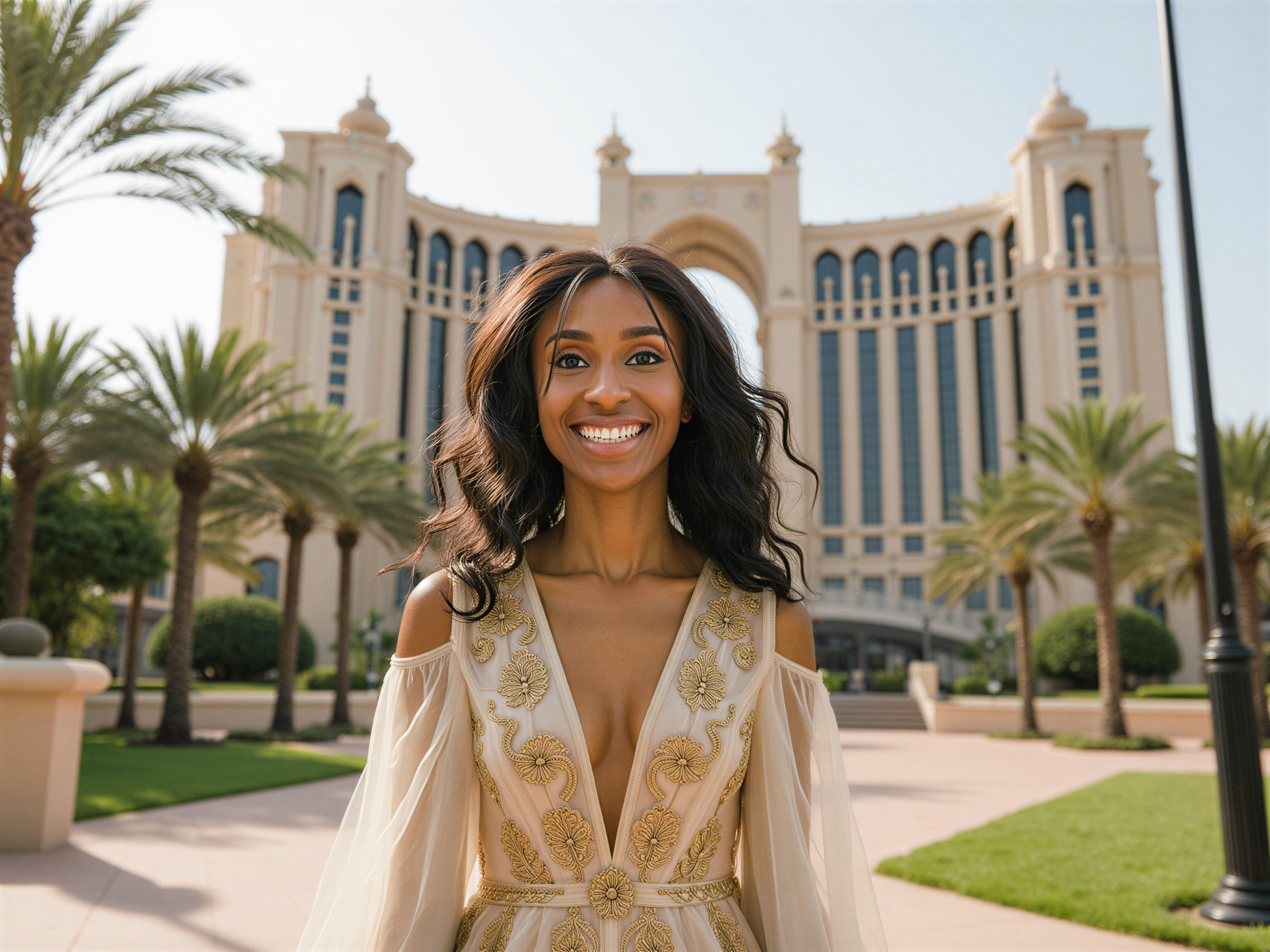 A joyful female figure, OD62S, aged 28, captured in a sunlit moment at the opulent Emirates Palace. Dressed in a flowing, light ivory chiffon gown adorned with intricate golden embroidery that echoes the luxurious architecture surrounding her. Her hair cascades in loose waves, and her radiant smile reflects the grandeur of the setting. The iconic palace looms majestically in the background, framed by lush gardens and palm trees, channeling an air of elegance and celebration. The atmosphere is vibrant and festively warm, highlighting her happiness in this stunning locale.