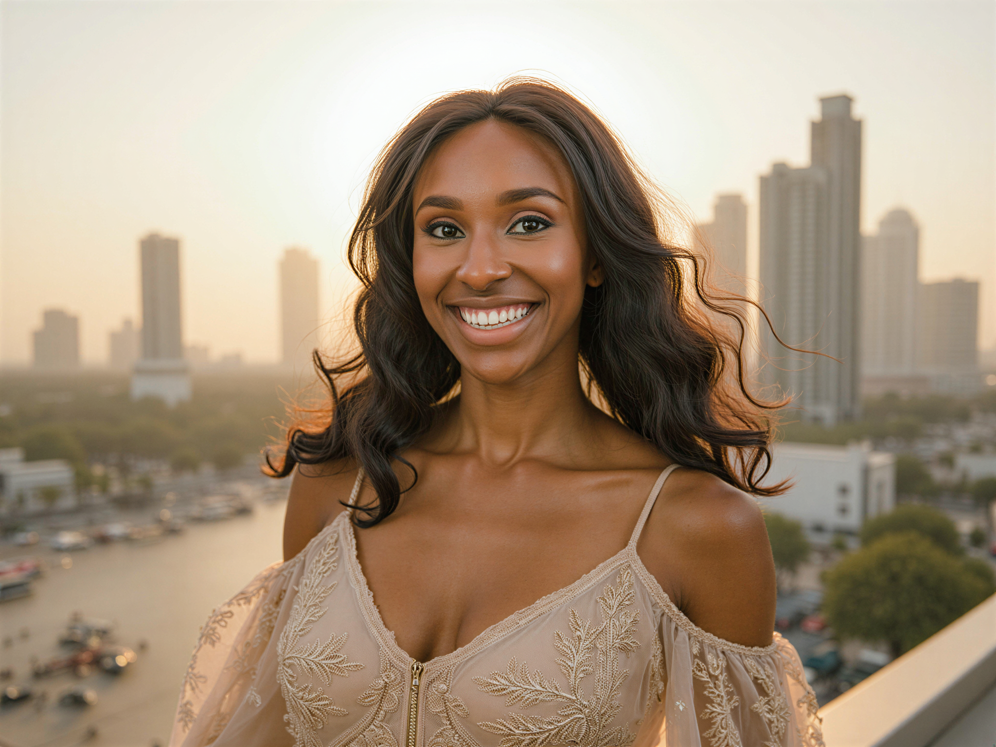 A radiant female figure, OD62S, aged 28, embodies joy and elegance against the stunning backdrop of a vibrant UAE skyline. She wears a flowing, lightweight floral maxi dress that dances with the gentle desert breeze, featuring intricate embroidery that showcases the rich cultural heritage of the region. Her hair flows freely, styled in soft waves, with delicate golden accents glimmering under the sun. The atmosphere is filled with warmth, as the golden hour casts a flattering glow, enhancing her shimmering smile and sparkling eyes. The composition is perfectly balanced, revealing modern architecture juxtaposed with traditional elements behind her, creating a harmonious blend of past and present. This image captures the essence of carefree happiness in a culturally rich environment, exuding a sense of timeless beauty and joy within the dynamic urban landscape.