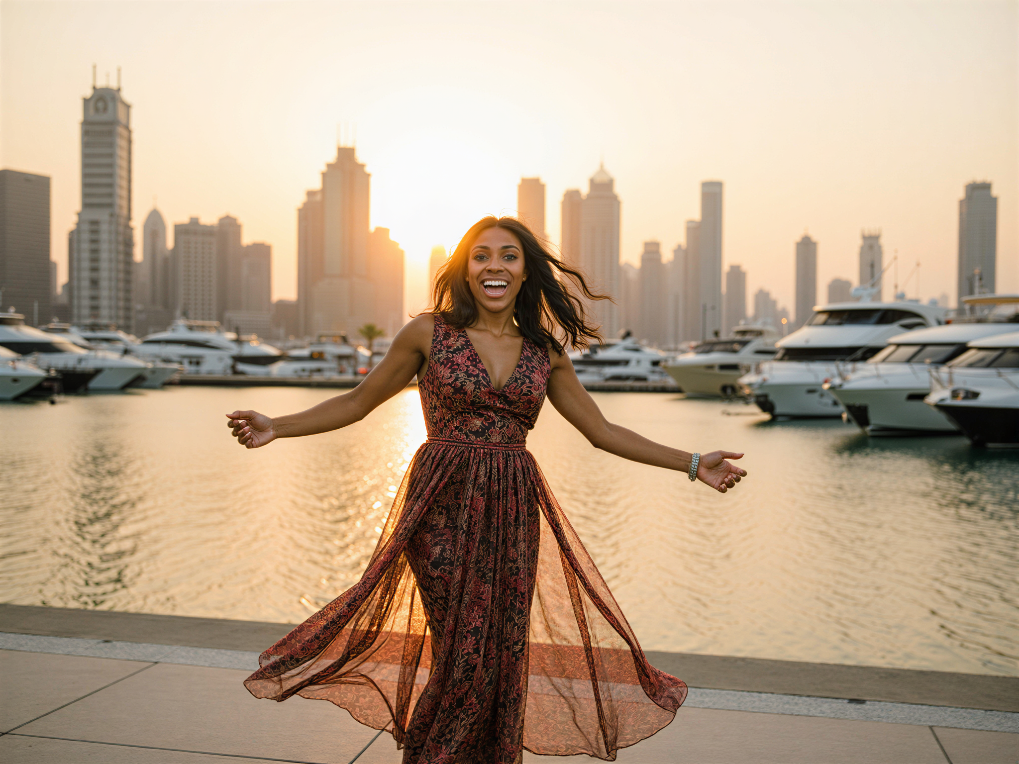A vibrant scene capturing a joyful female subject, OD62S, aged 28, standing on the scenic waterfront of Dubai Marina. She wears a flowing, colorful chiffon maxi dress that dances playfully in the soft breeze, adorned with intricate patterns that reflect the lively energy of the surroundings. The sun sets in the background, enveloping her in a warm golden glow, while the luxurious yachts and iconic skyline create a sophisticated backdrop. Her infectious smile and playful pose convey a sense of carefree happiness and adventure, embodying the essence of modern wanderlust in a stunning, hyper-realistic style.