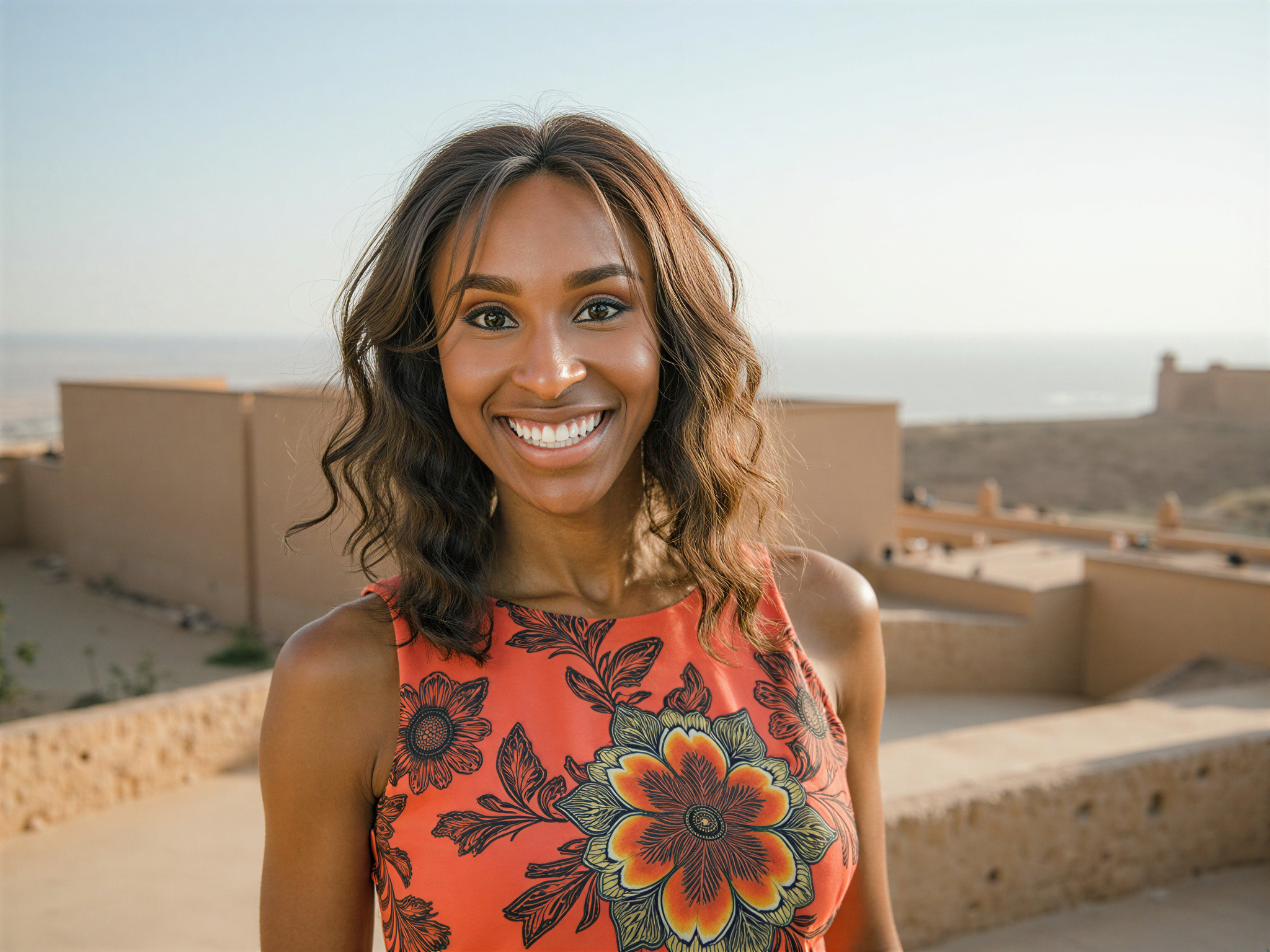A joyful female figure, OD62S, aged 28, standing at the majestic Dhayah Fort, gracefully overlooking the stunning landscape of the UAE. She wears a flowing, vibrant sundress adorned with intricate floral patterns that dance in the gentle breeze. The golden sunlight illuminates her radiant smile, capturing the essence of happiness as she embraces the warmth of the day. Her hair cascades in loose waves, perfectly framing her face. The fortified walls of Dhayah, rich with history, serve as a dramatic backdrop, embodying both strength and beauty. This image evokes a sense of adventure, tranquility, and the joy of exploring cultural heritage under a bright blue sky.