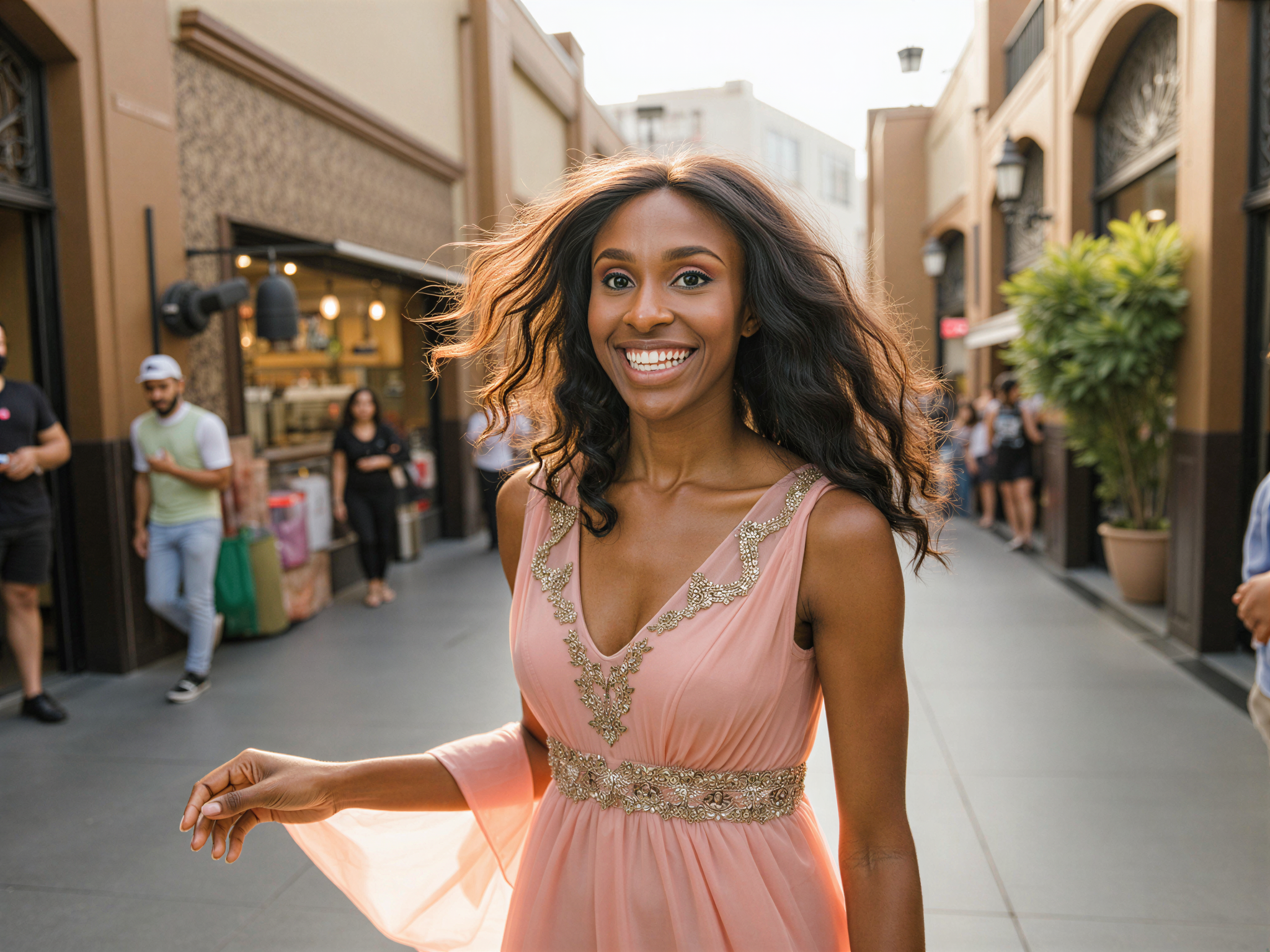 A vibrant outdoor portrait of a female subject, OD62S, aged 28, joyfully exploring the beautiful streets of Sharjah, UAE. She wears a flowing, embroidered chiffon dress in soft pastel colors that dances with the breeze. Her hair is adorned with delicate flowers, and her radiant smile expresses pure happiness. The scene captures the rich architecture and cultural ambiance of Sharjah, with intricate mosaics and vibrant markets in the background, bathed in warm, golden sunlight, enhancing the mood of joy and discovery.