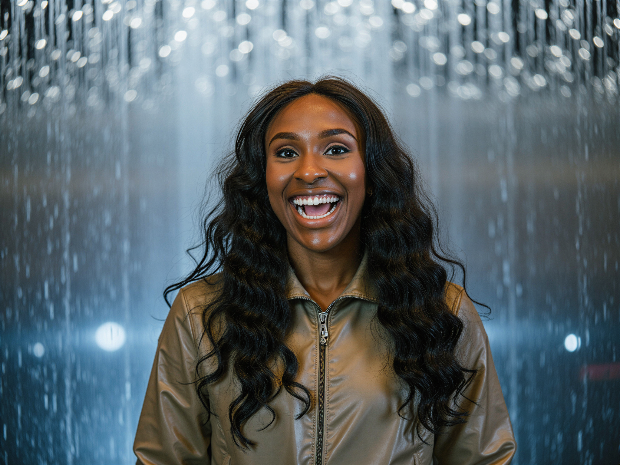 A joyful female figure, OD62S, aged 28, stands amidst an immersive Rain Room installation, her laughter echoing in the gentle cascade of water falling around her. Draped in a sleek, iridescent raincoat that reflects the shimmering droplets, her hair is styled in soft waves, glistening with moisture. The ambient lighting creates a magical atmosphere, highlighting her radiant smile and sparkling eyes as she twirls playfully beneath the simulated rain, embodying a sense of freedom and delight. The background features a blurred interplay of water reflections and artfully arranged lighting, enhancing the ethereal quality of the scene, perfectly capturing a moment of unrestrained happiness in this modern artistic setting.