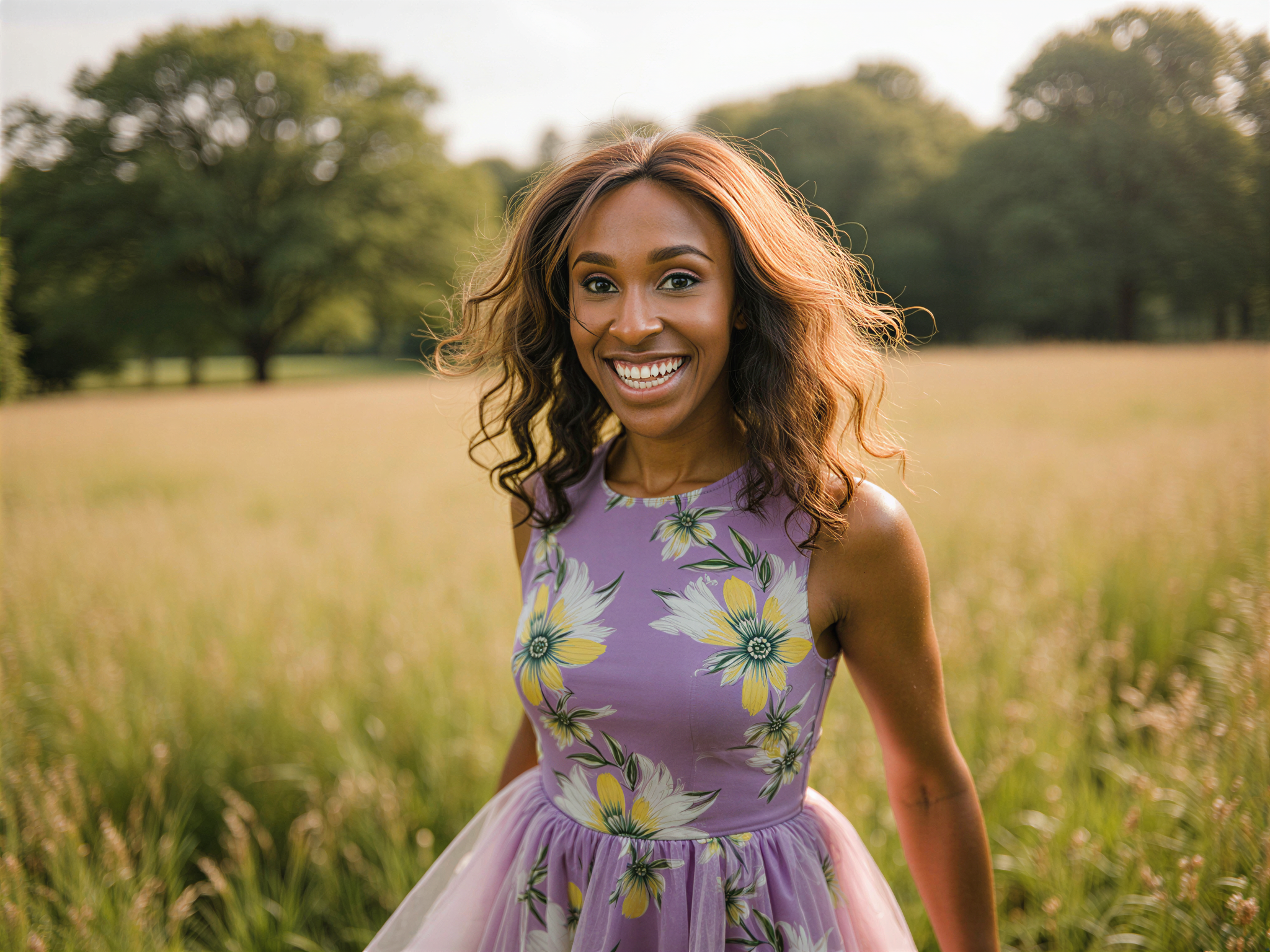 A radiant female figure, OD62S, aged 28, embodies the joy of a sunlit day in the UK. She stands amidst a picturesque English countryside landscape, adorned in a flowy floral midi dress with vibrant hues of lavender and sunyellow. Her hair, cascading in soft waves, is adorned with wildflowers, emphasizing the carefree spirit of summer. The warmth of the golden hour bathes her in a soft glow, highlighting her infectious smile and bright eyes. The image captures the essence of happiness, inviting viewers into a serene moment of beauty and tranquility, as she dances playfully through the lush greenery. Shot with a shallow depth of field to maintain focus on her while softening the scenic background, creating a dreamy aesthetic.
