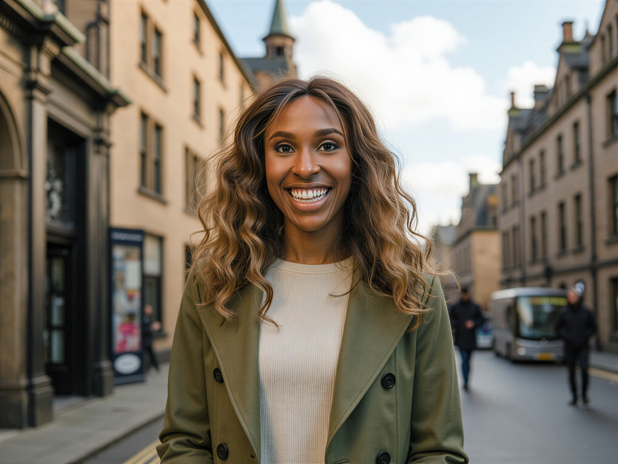 A joyful female figure, OD62S, aged 28, captured in the enchanting streets of Edinburgh, adorned with historic architecture in the background. She wears a stylish, light green trench coat that billows gently in the breeze, paired with a flowing cream sweater and ankle-length denim jeans. Her hair cascades in soft waves, illuminated by the golden sunlight filtering through the city streets. The image exudes a sense of happiness, with her bright smile and sparkling eyes reflecting the vibrant atmosphere of this Scottish capital, all under a clear blue sky that adds to the celebratory feel of the scene.