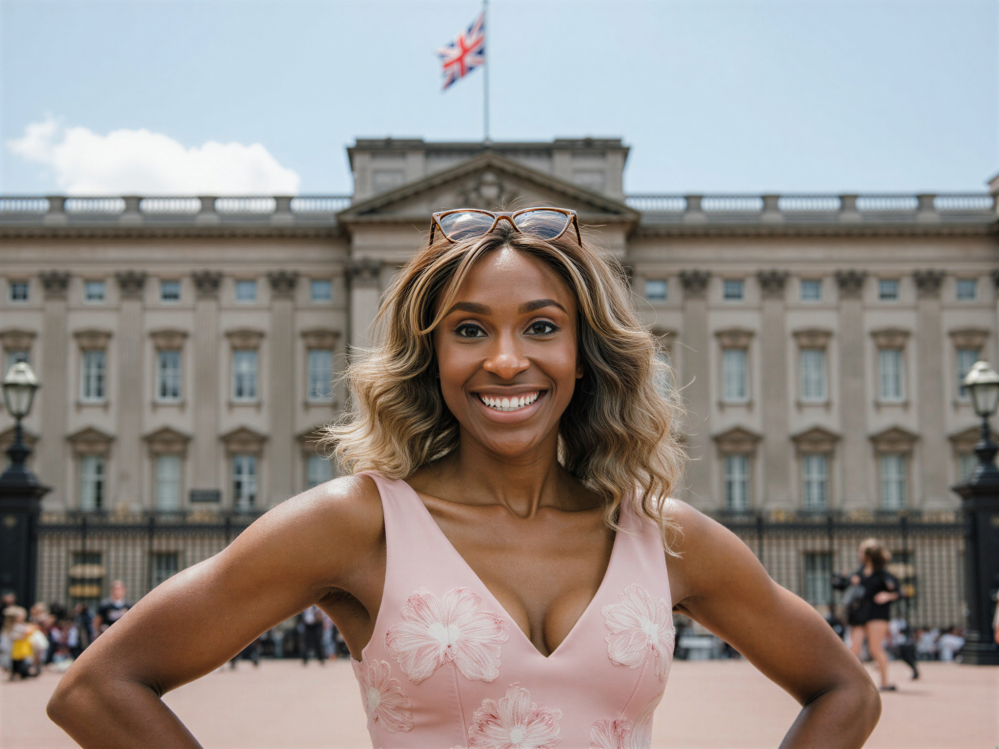 A vibrant and joyful female individual, OD62S, aged 28, captured in front of Buckingham Palace. She wears a light pastel-colored dress that flows elegantly with the gentle breeze, adorned with delicate floral patterns evocative of spring. Her hair is styled in soft waves, glistening in the sunlight, while a pair of chic sunglasses rests atop her head. The background features the grandeur of the palace, with its iconic architecture and union jack flags waving proudly. Her radiant smile and open posture embody a carefree spirit, projecting happiness and excitement amid the historic setting. The composition is bright and lively, showcasing the charm of London on a sunny day.