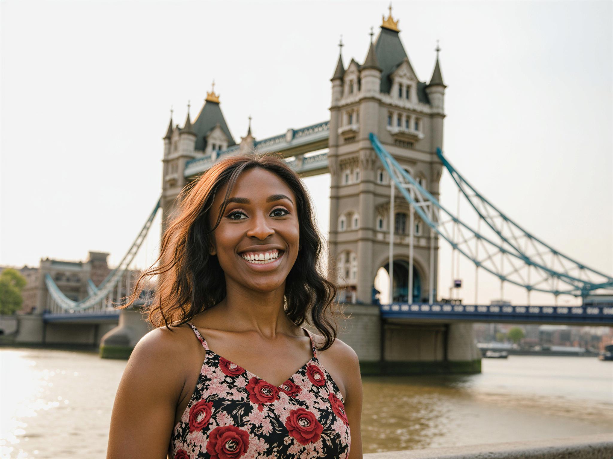 A joyful female figure, OD62S, aged 28, standing in front of London's iconic Tower Bridge. She is wearing a vibrant floral sundress that swings playfully with her movements, capturing the essence of a bright, sunny day. Her hair dances in the breeze, framing her face as she smiles radiantly at the camera. The bridge looms majestically behind her, accentuated by soft, golden hour lighting that casts a warm glow. The image exudes happiness and captures a candid moment of joy amid the bustling city, embodying the spirit of exploration and adventure.