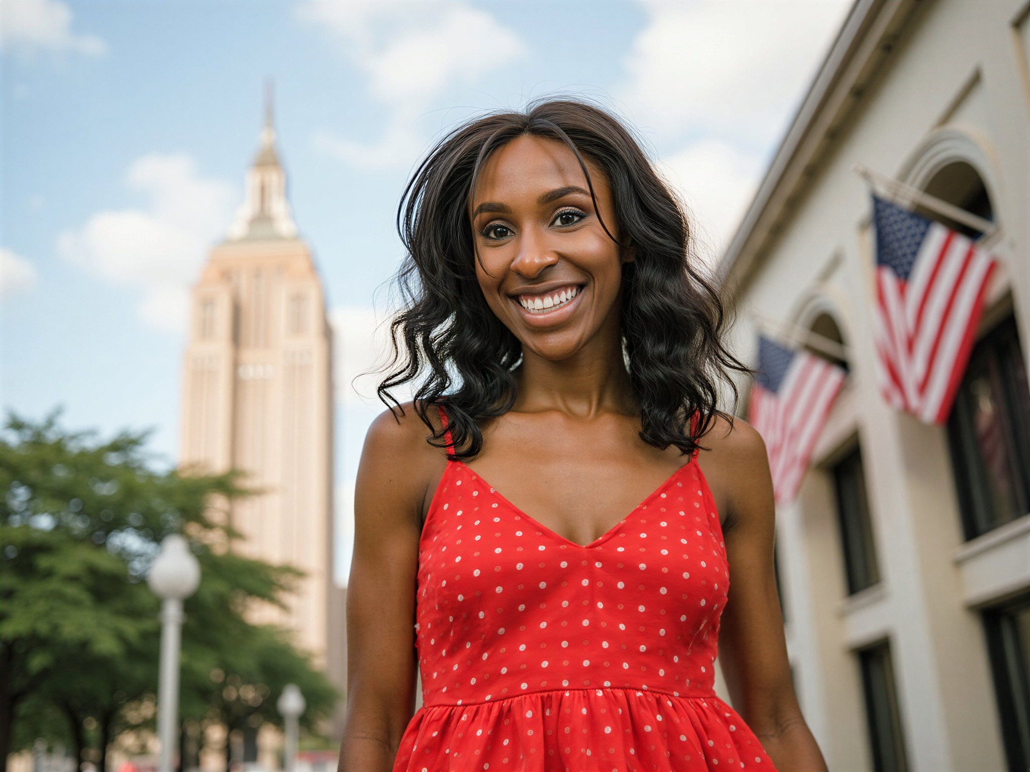 A joyful portrait of a 28-year-old female, OD62S, embodying the spirit of the USA. She stands in an urban setting, perhaps in front of an iconic American landmark, wearing a vibrant, flowing red sundress adorned with white polka dots. Her hair cascades in soft waves, catching the sunlight, and her radiant smile exudes happiness and carefree energy. The composition captures the essence of summer, with warm, golden hour lighting enhancing the playful mood. The background features a hint of blue sky and American flags, reinforcing the patriotic theme. This image conveys a sense of optimism and freedom, celebrating femininity and the American spirit.
