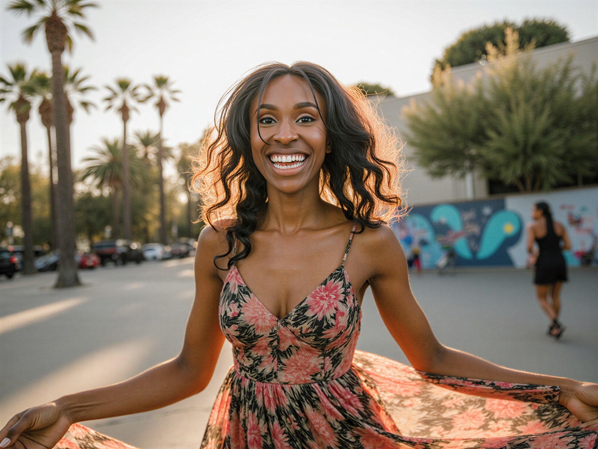 A vibrant and joyful female, OD62S, aged 28, embodying the carefree spirit of Los Angeles. She is captured in an outdoor setting, surrounded by palm trees and colorful murals typical of LA's artistic neighborhoods. Dressed in a flowing, floral maxi dress, her laughter is infectious as she spins playfully, the fabric dancing around her as the sun casts a golden glow. Her hair is styled in loose, beachy waves that frame her face, and her makeup is fresh and radiant, highlighting her happiness. This energetic composition conveys a sense of freedom, fun, and the sunny essence of Los Angeles, perfect for a lifestyle editorial.