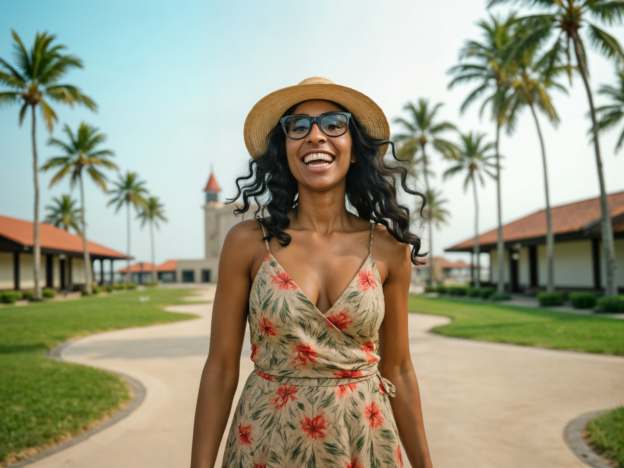 A radiant 28-year-old female, OD62S, embodying the spirit of virtual travel, is depicted in a vibrant, digitally enhanced landscape featuring iconic global landmarks. She wears a lightweight, colorful sundress that sways with an ethereal breeze, paired with oversized sunglasses and a wide-brimmed hat, embodying carefree wanderlust. Her joyful expression is captured mid-laughter, celebrating the excitement of exploration. Surrounding her are layers of digital overlays, creating a dreamlike effect, with hints of green tropical foliage and bright blue skies. The lighting is warm and inviting, enhancing the mood of happiness and adventure, evoking the thrill of new experiences in a virtual paradise.