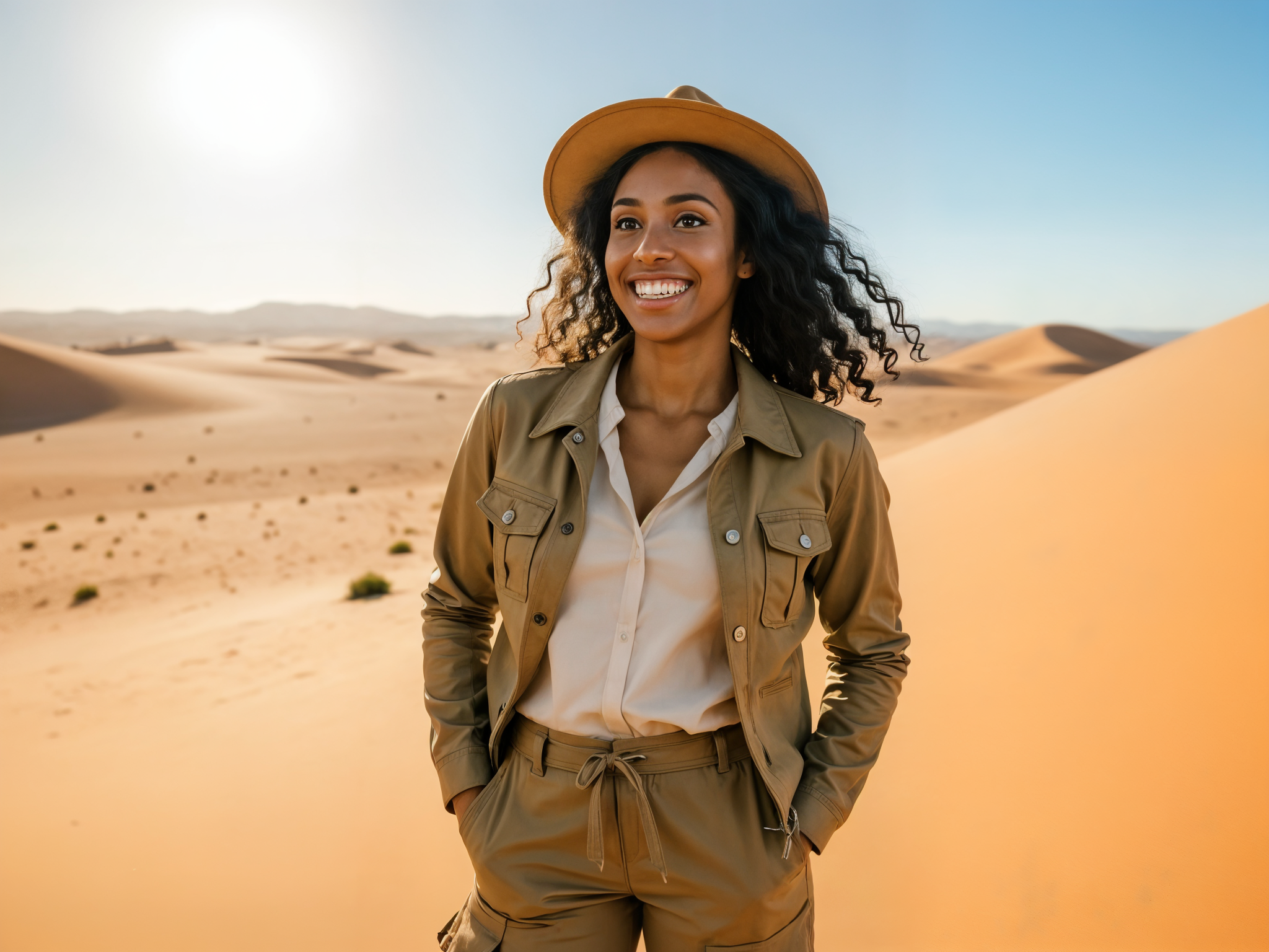 A vibrant portrait of a female adventurer, OD62S, aged 28, joyfully standing amidst a breathtaking desert landscape. She is dressed in a stylish, lightweight tan utility jacket over a flowing cream blouse, paired with high-waisted, lightweight cargo shorts. Her wide-brimmed sun hat shields her face, while her curly hair dances in the warm breeze. The golden sands stretch infinitely around her, dotted with sparse desert flora, under a brilliant azure sky. Her expression radiates happiness, with a wide smile that captures the spirit of adventure and discovery. The image is bathed in golden hour light, casting a warm, ethereal glow that enhances the joyful mood of the scene. This candid shot conveys the exuberance of exploration and the beauty of the desert environment.