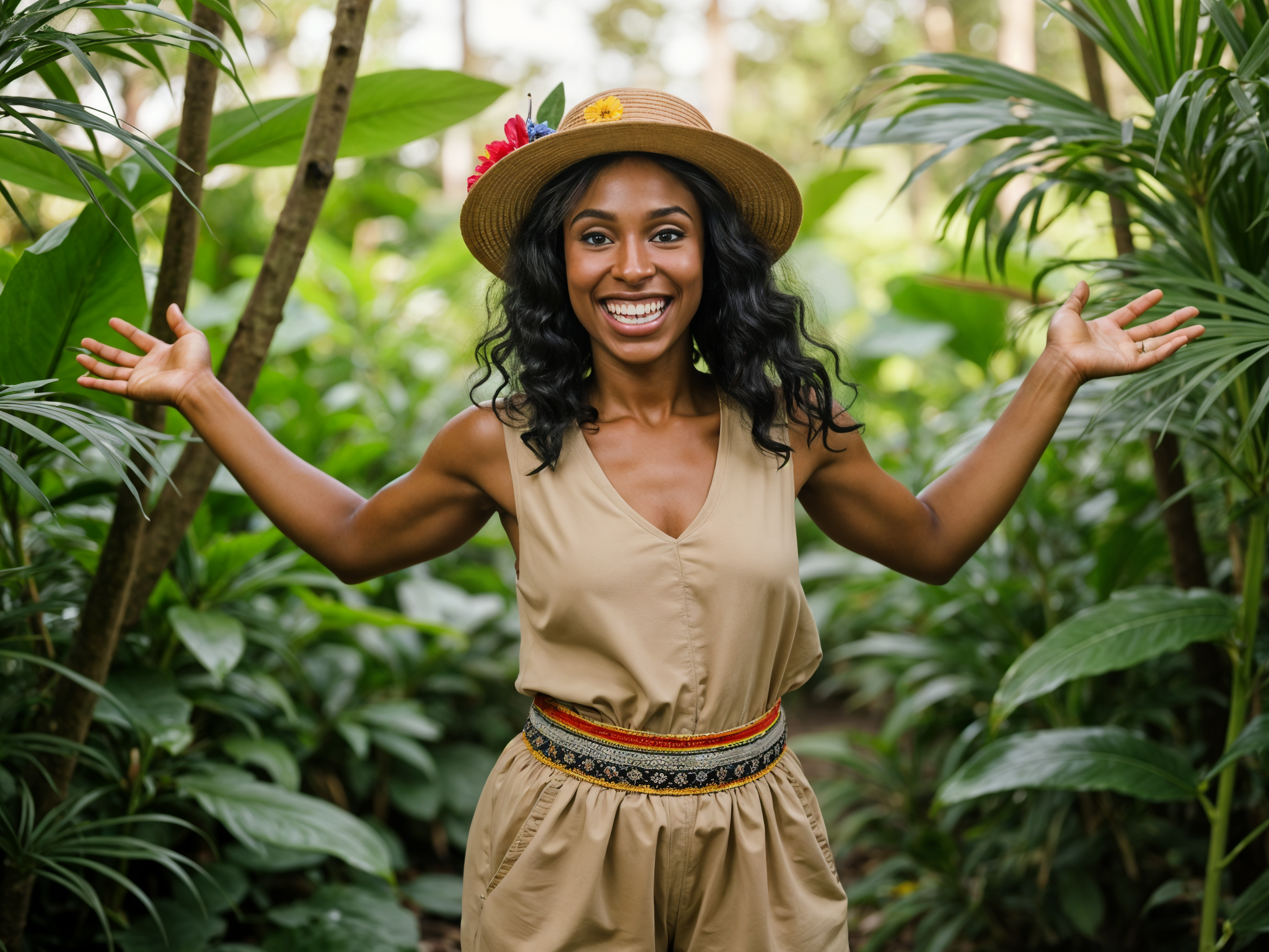 A vibrant portrait of a female explorer, OD62S, aged 28, embodying joy amidst a lush jungle landscape. She wears a light, breathable khaki jumpsuit accessorized with a colorful beaded belt and a wide-brimmed straw hat adorned with tropical flowers. The sunlight filters through the dense canopy, casting playful shadows across her face, illuminating her bright smile and sparkling eyes. She poses with arms open wide, embracing the adventure around her, with exotic foliage framing her like an enchanting goddess of the jungle. The overall atmosphere is filled with laughter and happiness, inviting the viewer into a world of exploration and fun.
