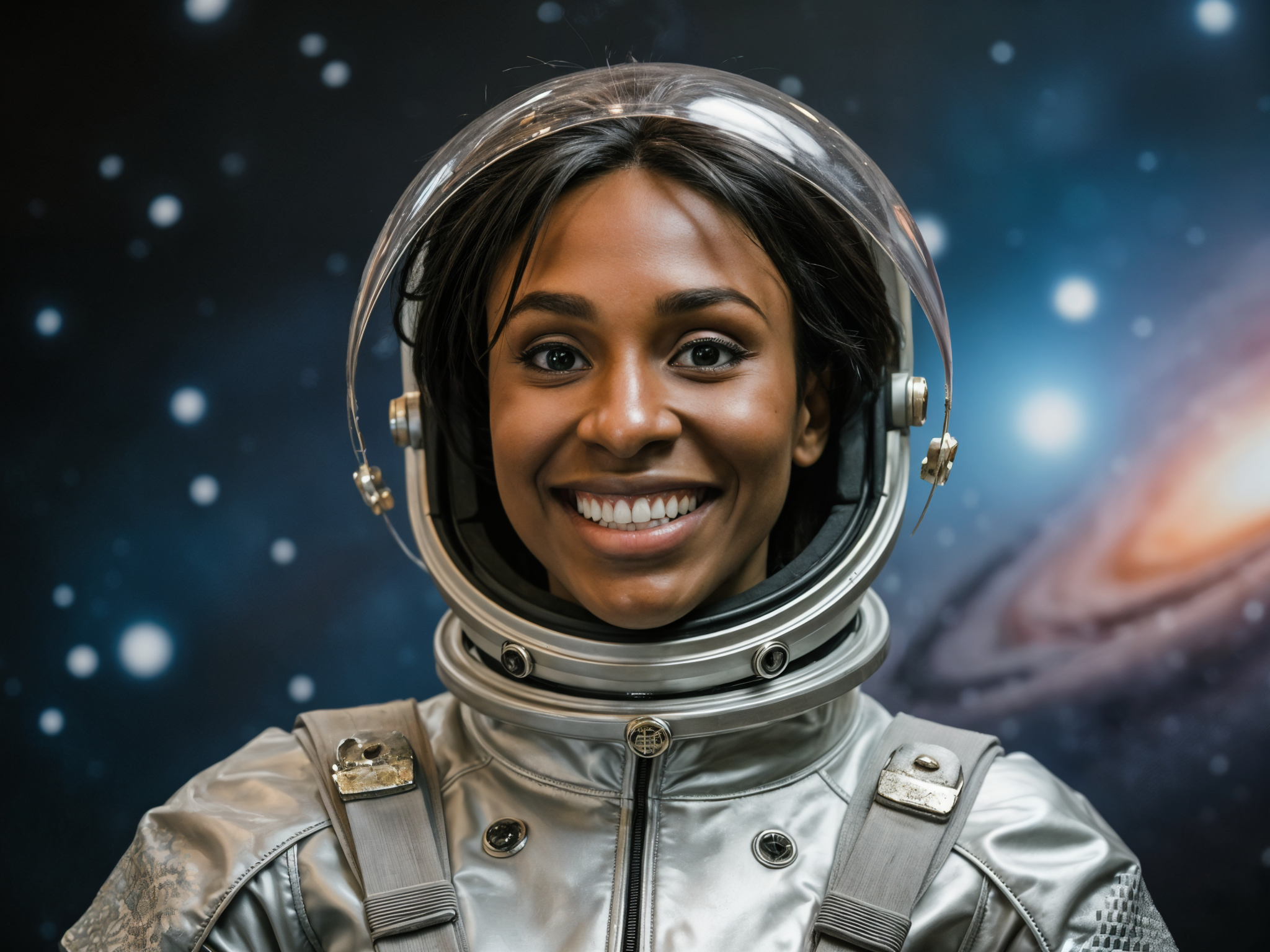 A female space explorer, OD62S, aged 28, radiating joy amidst a futuristic space setting. She is adorned in a sleek, metallic silver spacesuit with intricate geometric patterns, reflecting the brilliant stars around her. Her visor is up, showcasing her beaming smile, with short, tousled hair illuminated by the soft glow of nearby celestial bodies. The background is a mesmerizing tapestry of colorful nebulae and distant galaxies, enhancing the sense of adventure and wonder. The mood is joyful and exhilarating, capturing the thrill of exploration and discovery in a high-fashion editorial style.