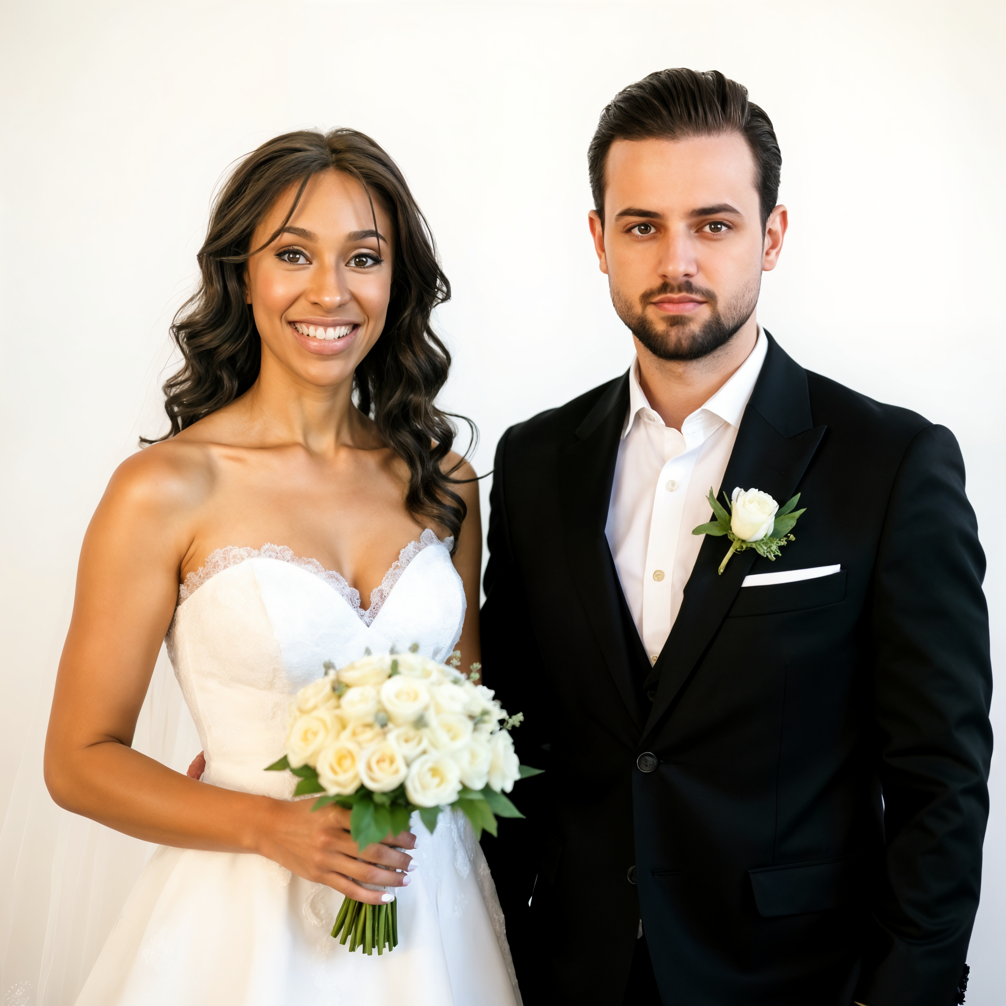 Bride and groom posing together in formal attire, the bride wearing a white wedding gown and holding a bouquet of white roses, while the groom is in a black tuxedo with a white rose boutonnière.