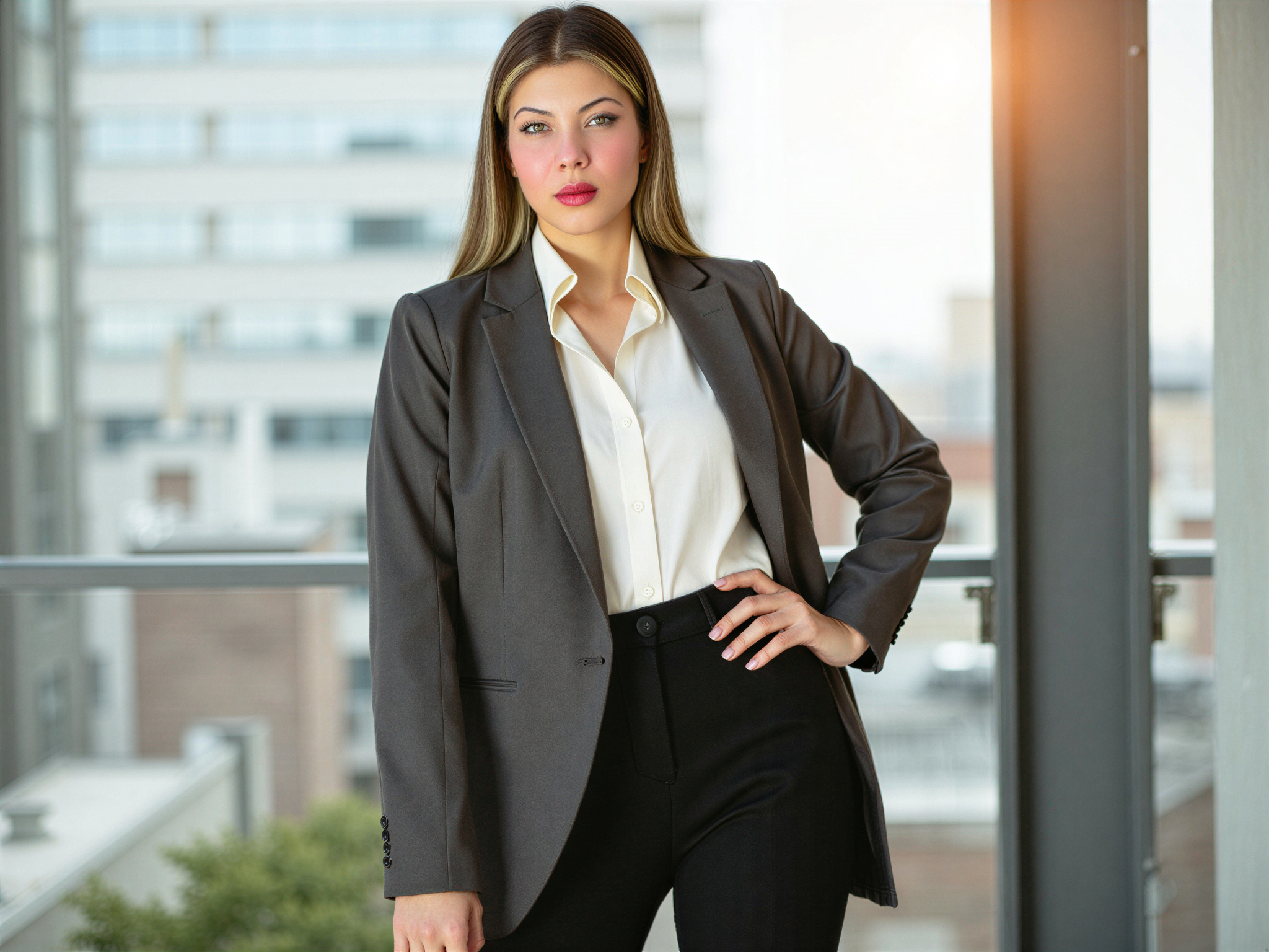 A 25-year-old female professional, OD62S, exuding confidence and happiness in a stylish corporate setting. She wears a tailored charcoal gray blazer over a crisp white blouse, paired with high-waisted black trousers that elongate her figure. Her hair is in a sleek bob, perfectly styled, and her makeup is fresh and natural, enhancing her radiant smile. She is standing near a large window with city views, the warm sunlight illuminating her face and casting a soft glow. The composition is vibrant, conveying an atmosphere of ambition and positivity, ideal for a modern corporate portrait.