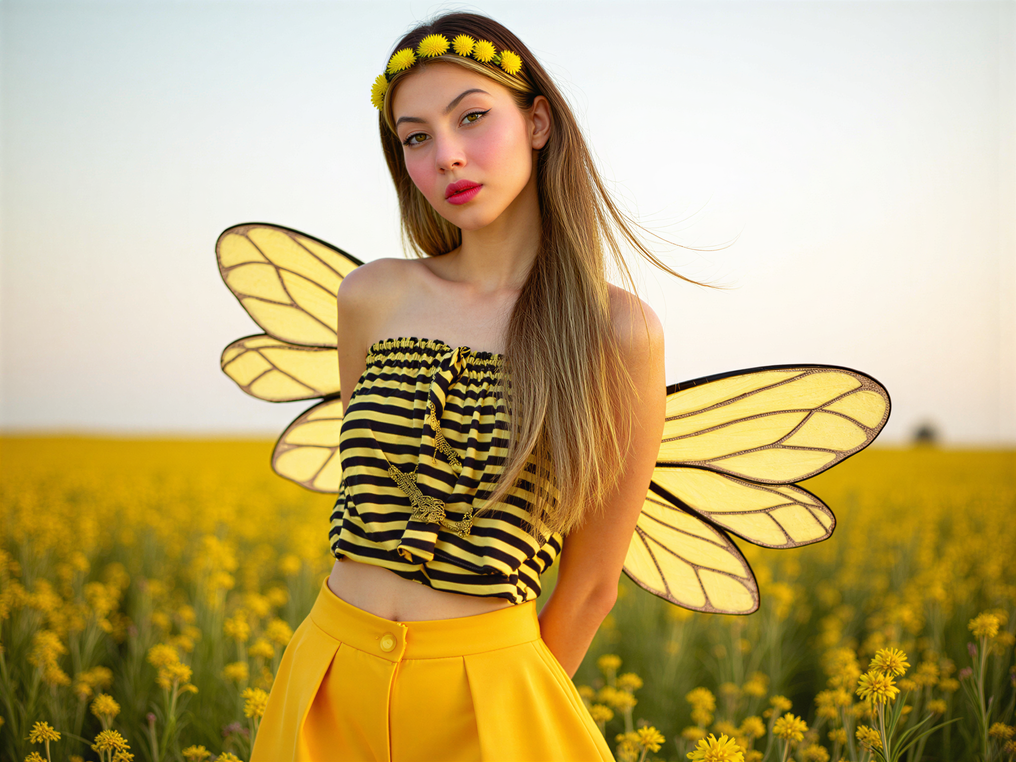 A vibrant, cheerful portrait of a 25-year-old female, OD62S, embodying the playful essence of a bumblebee. She is styled in a whimsical, brightly colored outfit featuring a black and yellow striped top with a flared skirt reminiscent of flower petals. Her hair is adorned with a flower crown, and she wears oversized, whimsical bee wings that glisten in the sunlight. The backdrop is a sun-kissed meadow filled with wildflowers, enhancing the joyful, whimsical mood of the image. Her pose is lively and animated, radiating happiness with an infectious smile and expressive body language, perfectly capturing the essence of a magical summer day.