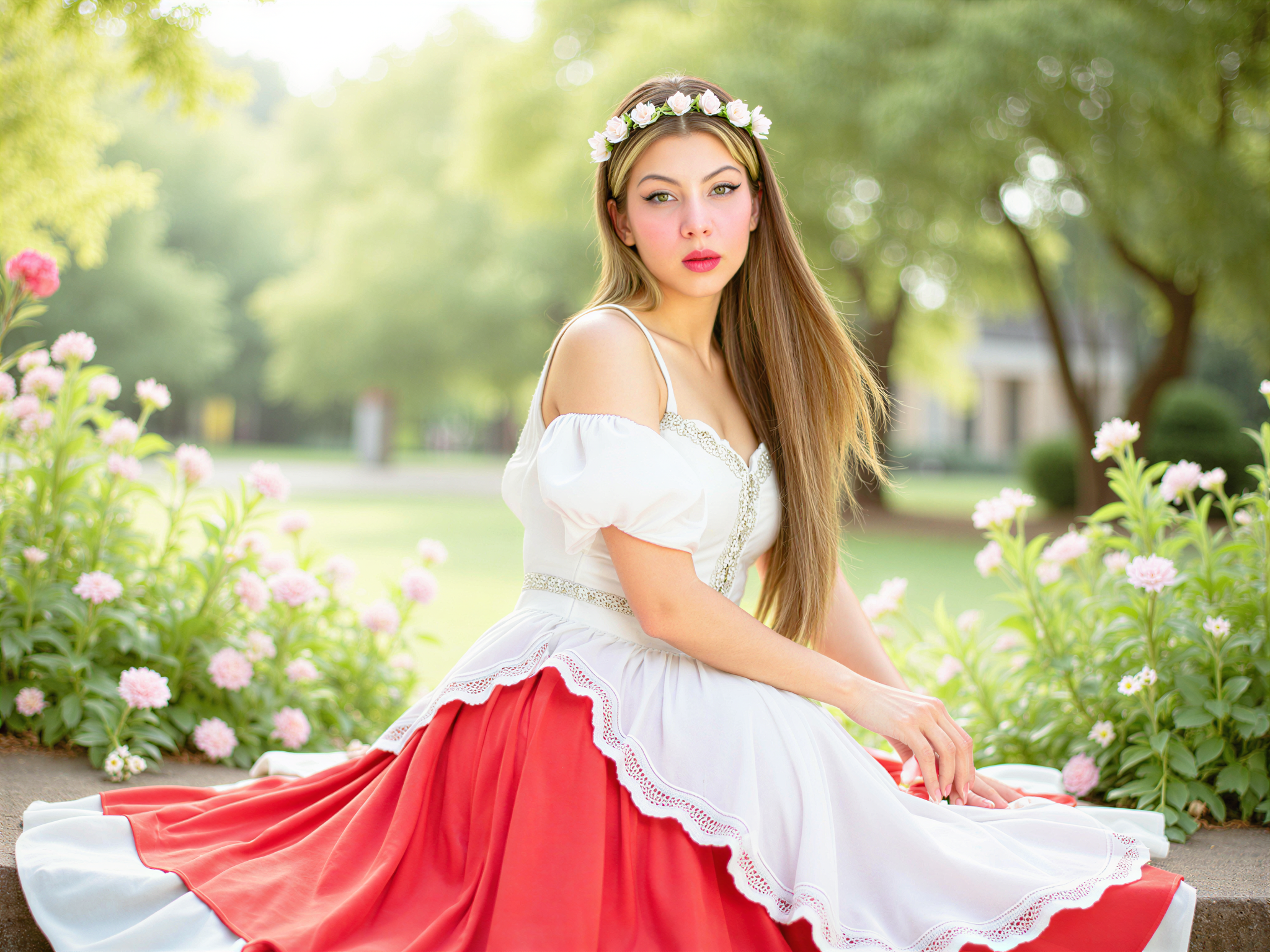 A vibrant and joyful female, OD62S, aged 28, role-playing as Asuna Yuuki from the anime Sword Art Online. She is depicted in hyper-realistic detail, wearing a stunning, intricately designed white and red dress with layered skirts and subtle lace accents, capturing the essence of Asuna's character. Her long, chestnut hair flows freely, adorned with a delicate flower crown that enhances her cheerful demeanor. The background features a serene, enchanted garden filled with blooming flowers and soft sunlight filtering through the leaves, evoking a sense of happiness and magic. Her expression radiates joy with a bright smile, capturing the spirit of her character beautifully.