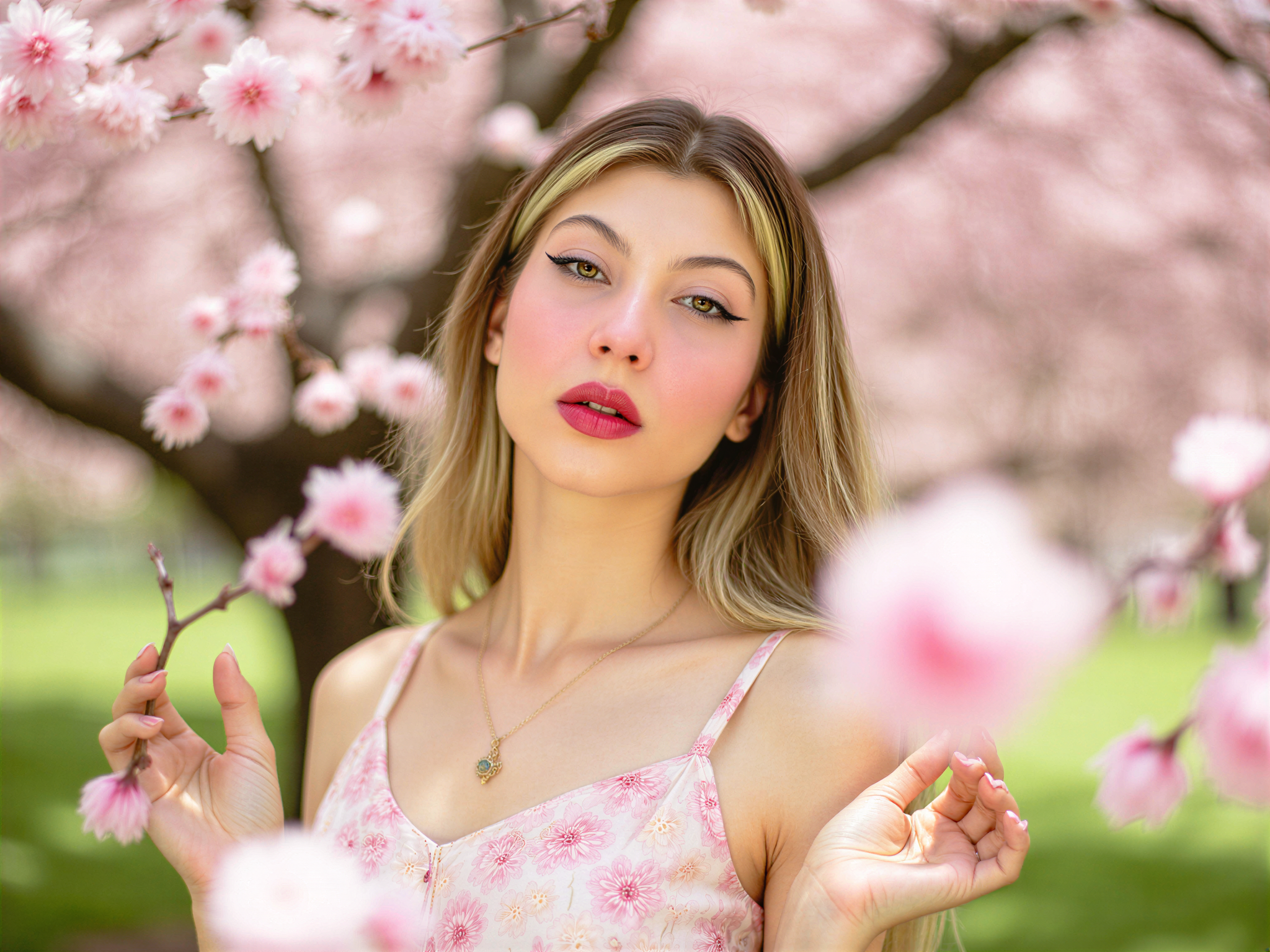 A vibrant and joyful portrait of a female, OD62S, aged 28, embodying the essence of Marin Kitagawa, a character known for her playful spirit. She is styled in a cute, pastel-colored dress adorned with delicate floral patterns, her hair is styled in loose, soft curls. She's surrounded by a backdrop of blooming cherry blossoms, capturing the essence of spring. The lighting is bright and warm, enhancing her happy expression as she smiles radiantly, embodying a lighthearted, cheerful mood. This scene evokes a sense of youthfulness and vibrancy, perfect for a modern fashion editorial.