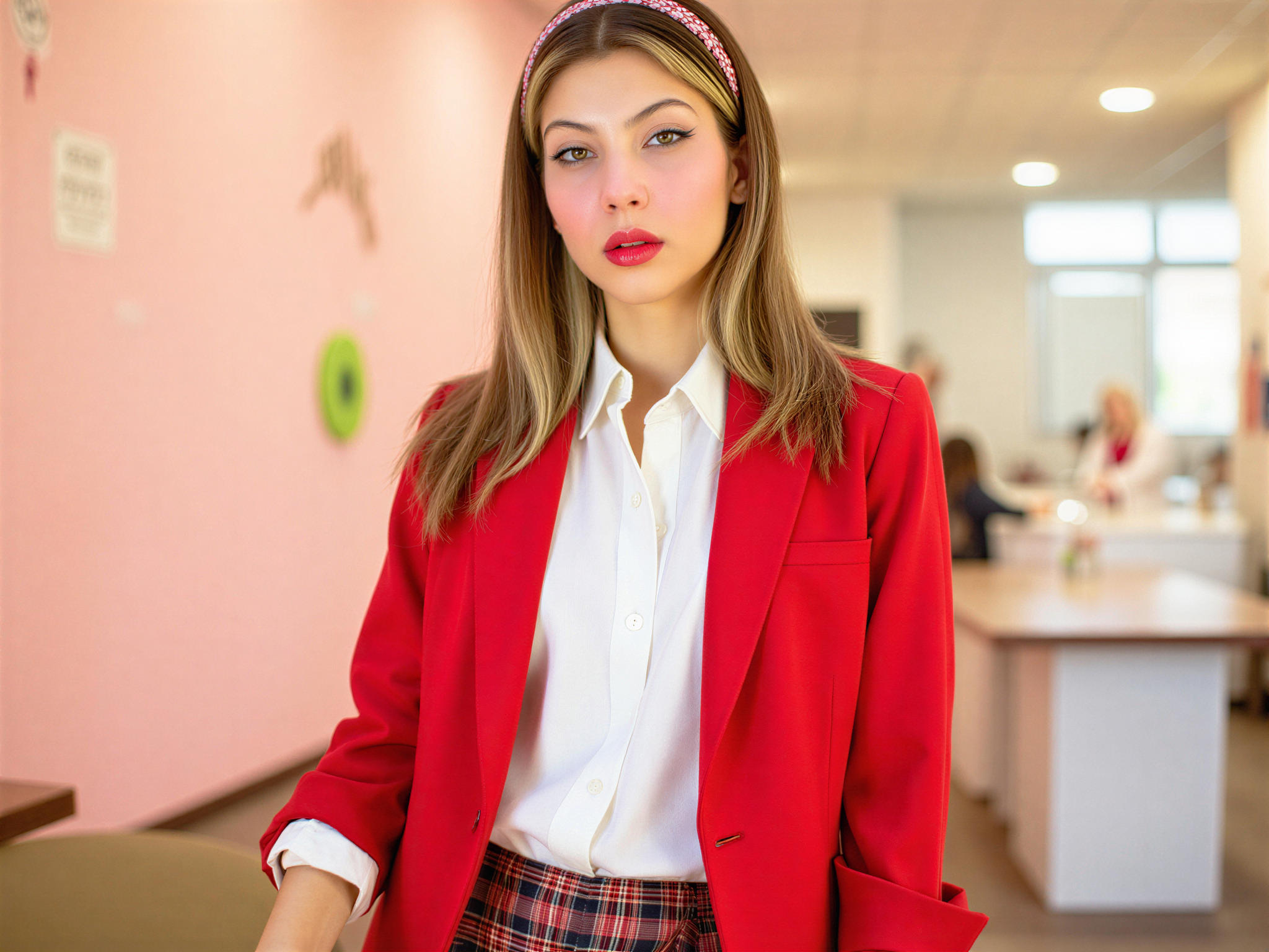 A joyful female model, OD62S, aged 28, embodying the character Mary Saotome from the series Kakegurui. She is styled in a playful, chic outfit featuring a fitted red blazer paired with a crisp white blouse and a playful plaid skirt. Her hair is styled in soft waves, with a headband accentuating her youthful, enthusiastic demeanor. The setting exudes a vibrant, energetic atmosphere, with pastel decor and playful lighting enhancing her radiant smile. The composition captures her sense of fun and spirited confidence, making it a captivating moment filled with happiness and charm.