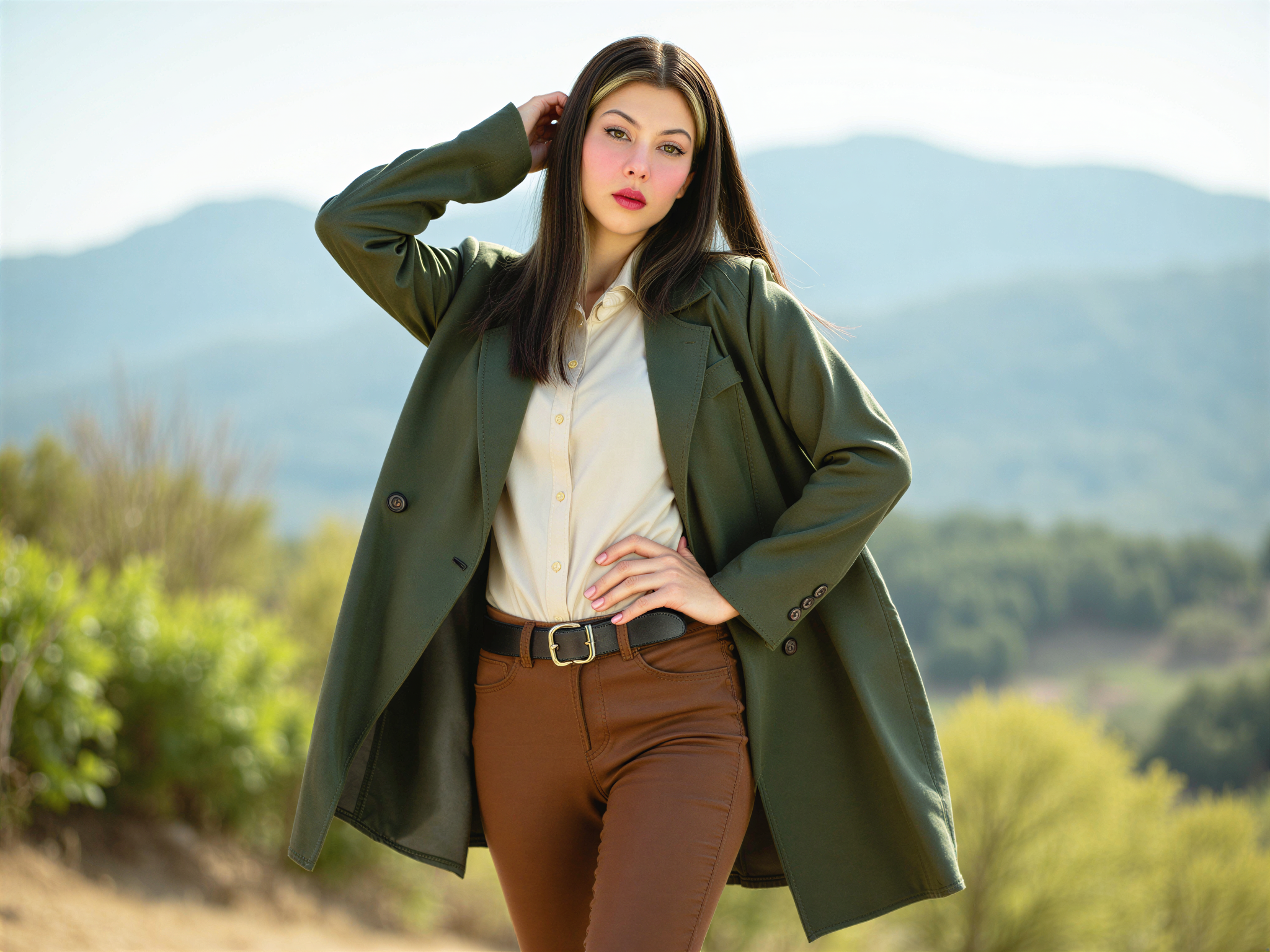A young female, OD62S, aged 28, role-playing as Mikasa Ackerman from the anime Attack on Titan, with an air of joyful confidence. She wears a detailed, realistic interpretation of Mikasa's iconic Survey Corps uniform consisting of a fitted green cloak over a white long-sleeve shirt, brown fitted pants, and sturdy combat boots. Her black hair is styled in a long bob, framing her face, and a bright smile reveals her happy mood. The background features a scenic, sunlit landscape with hints of greenery and distant mountains, evoking a sense of adventure and optimism through vibrant colors and soft lighting. The pose suggests readiness, with one hand on her hip and the other holding her scarf aloft, reminiscent of the character's fierce spirit.