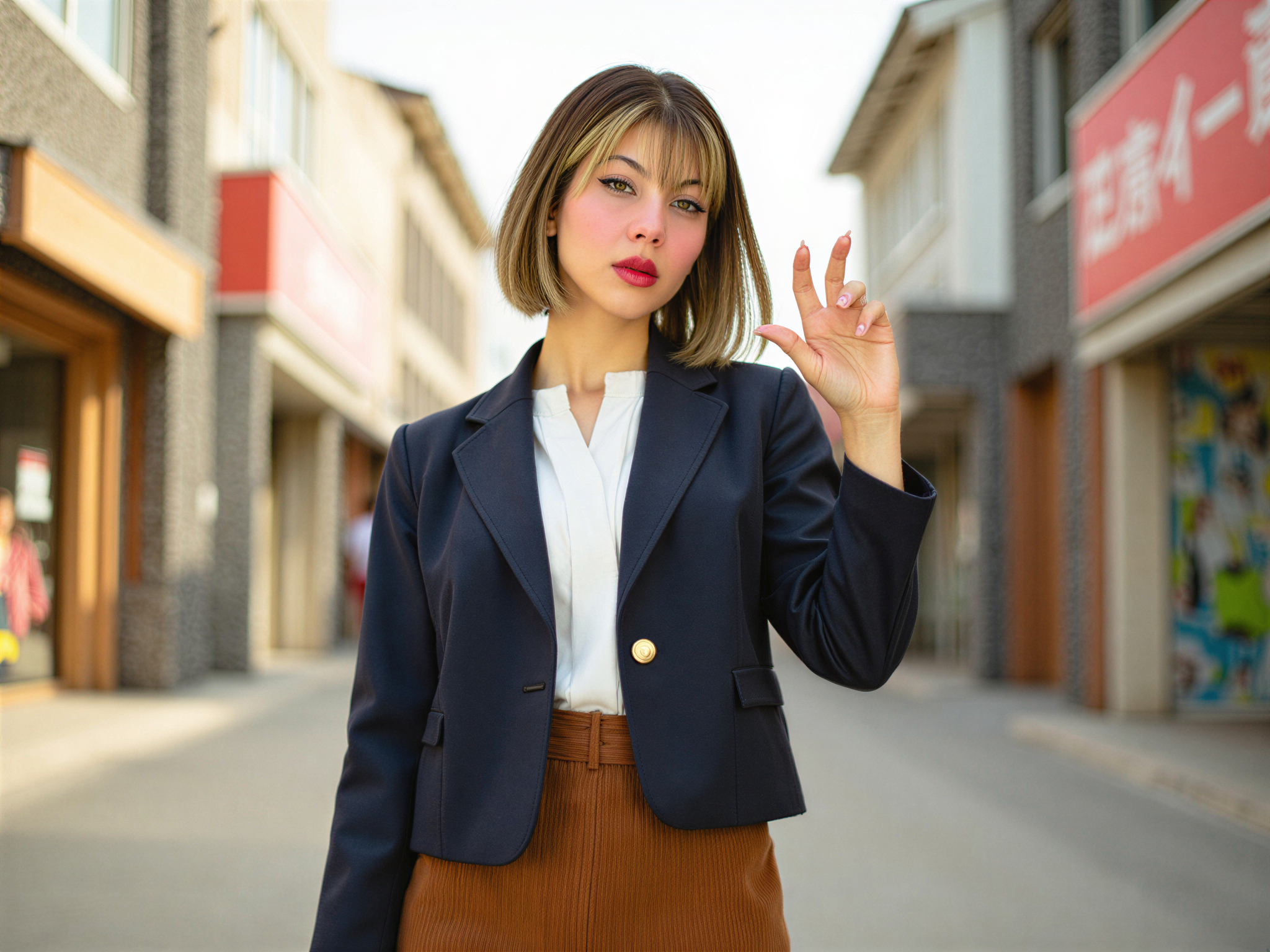 A 28-year-old female, OD62S, portrayed as Mikoto Misaka, exuding a joyful essence. She stands in a vibrant urban setting, wearing a stylish, modern twist on Mikoto's signature outfit—complete with a layered brown skirt and a tailored navy jacket adorned with elegant details. Her short, dark hair frames her face playfully, styled with a few strands deliberately falling across her forehead. The background features lively city scenes with colorful street art, encapsulating a sense of movement and delight. The image captures her in a cheerful pose, perhaps mid-laughter, with hands raised slightly as if celebrating. The warm afternoon sunlight bathes the scene in a golden hue, amplifying the happiness of the moment. This portrait melds anime-inspired aesthetics with hyper-realistic elements, providing a fresh take on the beloved character.
