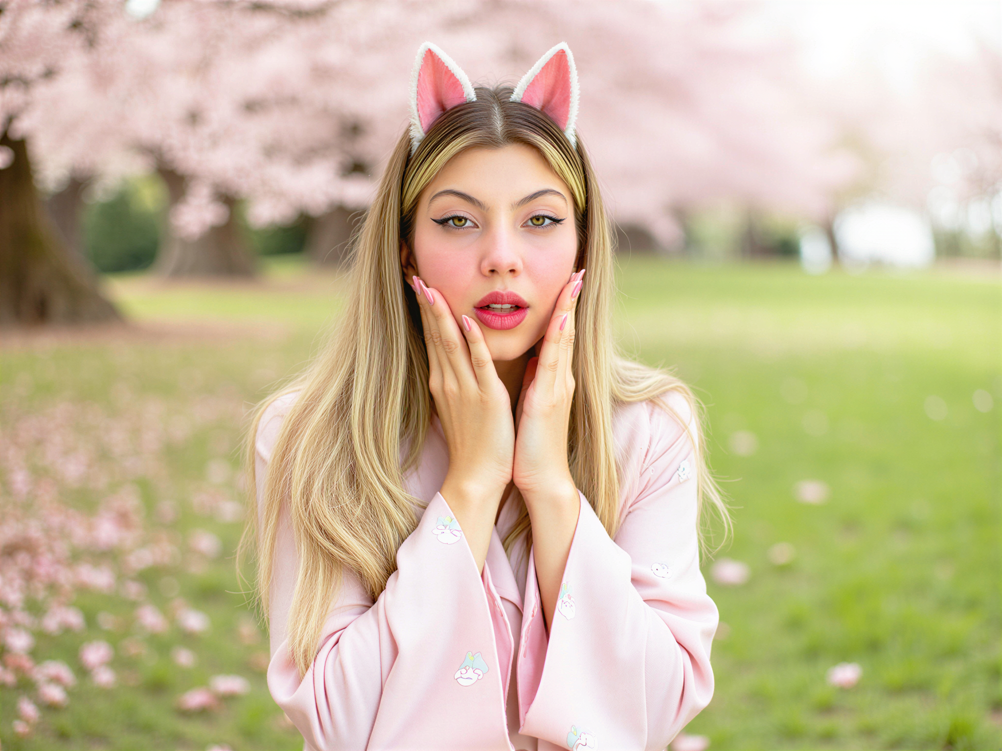 A female individual, OD62S, aged 28, role-playing as Neko Hime with a joyful expression. She wears a delicate, flowing kimono adorned with pastel cat motifs, complete with cat ears sitting playfully atop her head. Her long hair cascades in soft waves, accented with colorful ribbons. The pose conveys a sense of whimsical charm, her hands playfully framing her face as she giggles. The background features a vibrant garden filled with cherry blossoms, creating a magical, happy atmosphere, highlighted by bright, soft lighting that enhances the overall cheerful mood.