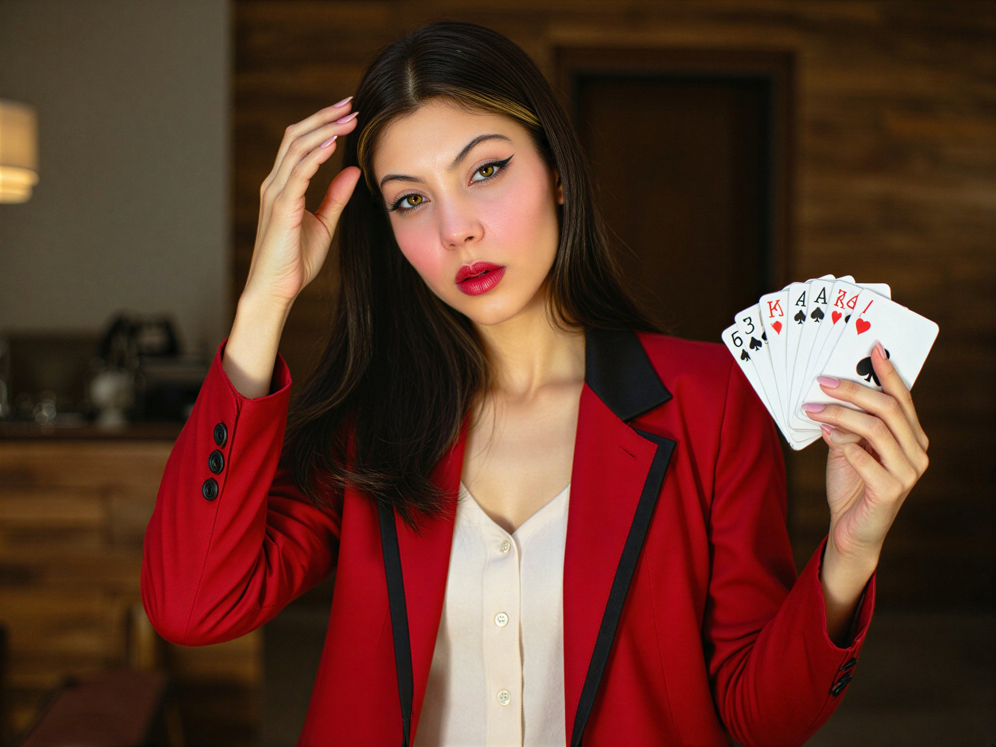 A 28-year-old female, OD62S, embodying the character Yumeko Jabami from the anime Kakegurui. She is depicted in a hyper-realistic setting, wearing a tailored red blazer with black accents and a crisp white blouse underneath. Her jet-black hair falls in loose, playful waves, framing her expressive face lit with a joyful smile that captures her mischievous essence. Her pose is dynamic, one hand holding a deck of playing cards as she leans slightly forward, radiating a palpable sense of excitement and charm. The background is thoughtfully blurred, enhancing her vibrant presence while subtly hinting at a gambling atmosphere, filled with soft, warm lighting that evokes a cheerful mood.