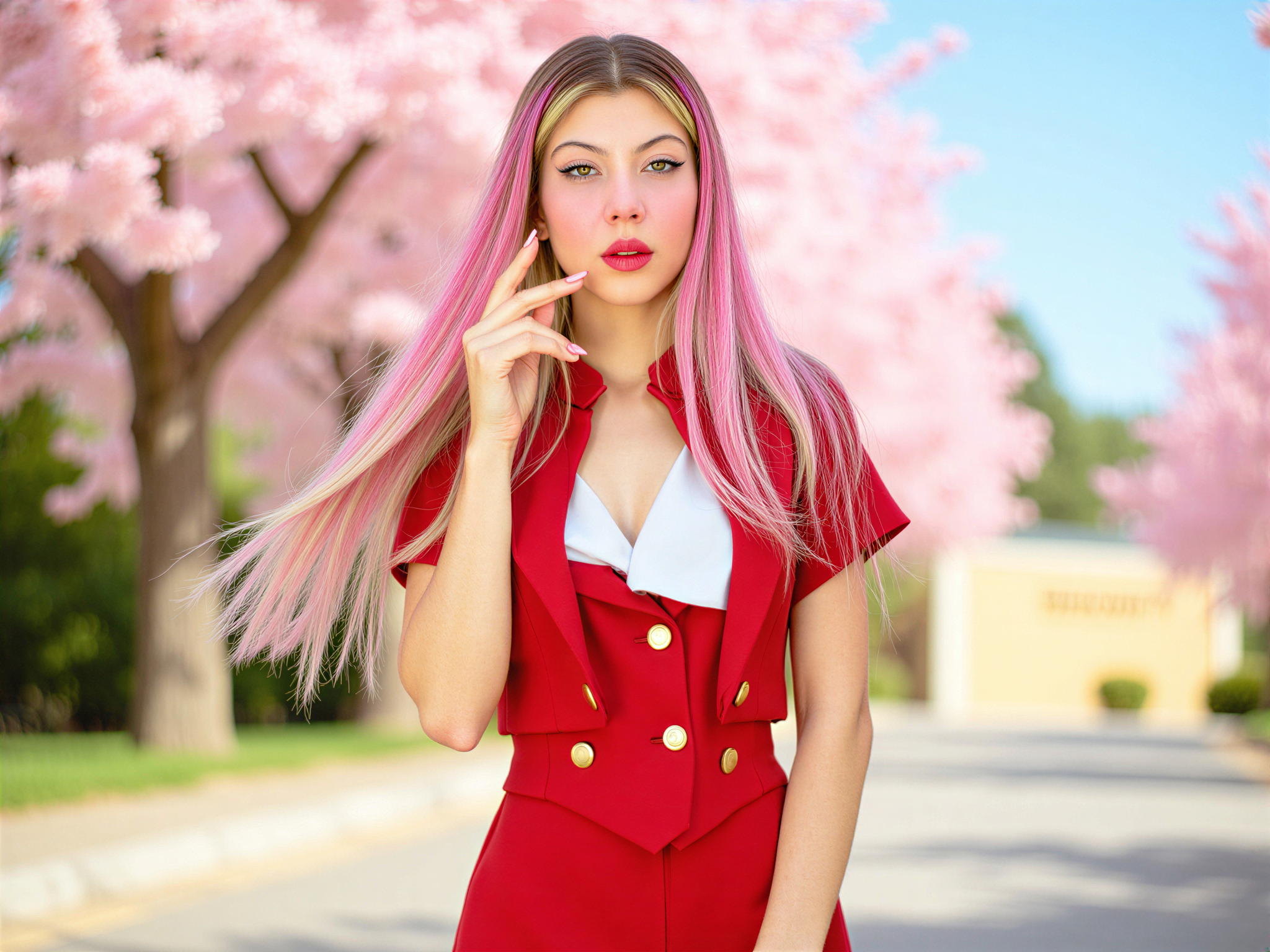 A joyful female figure, OD62S, aged 28, embodying the character Zero Two from the anime Darling in the Franxx. She is depicted in a hyper-realistic and vibrant setting, with flowing pink hair cascading around her shoulders. Dressed in Zero Two's signature red and white pilot suit, the outfit hugs her figure perfectly, adorned with delicate details and accents that emphasize her playful essence. The background features a sunny landscape with blooming cherry blossom trees, enhancing the happy mood. Her expression is bright and exuberant, capturing the character's playful and spirited nature, portrayed with stunning color balance and natural light, creating a cheerful atmosphere.