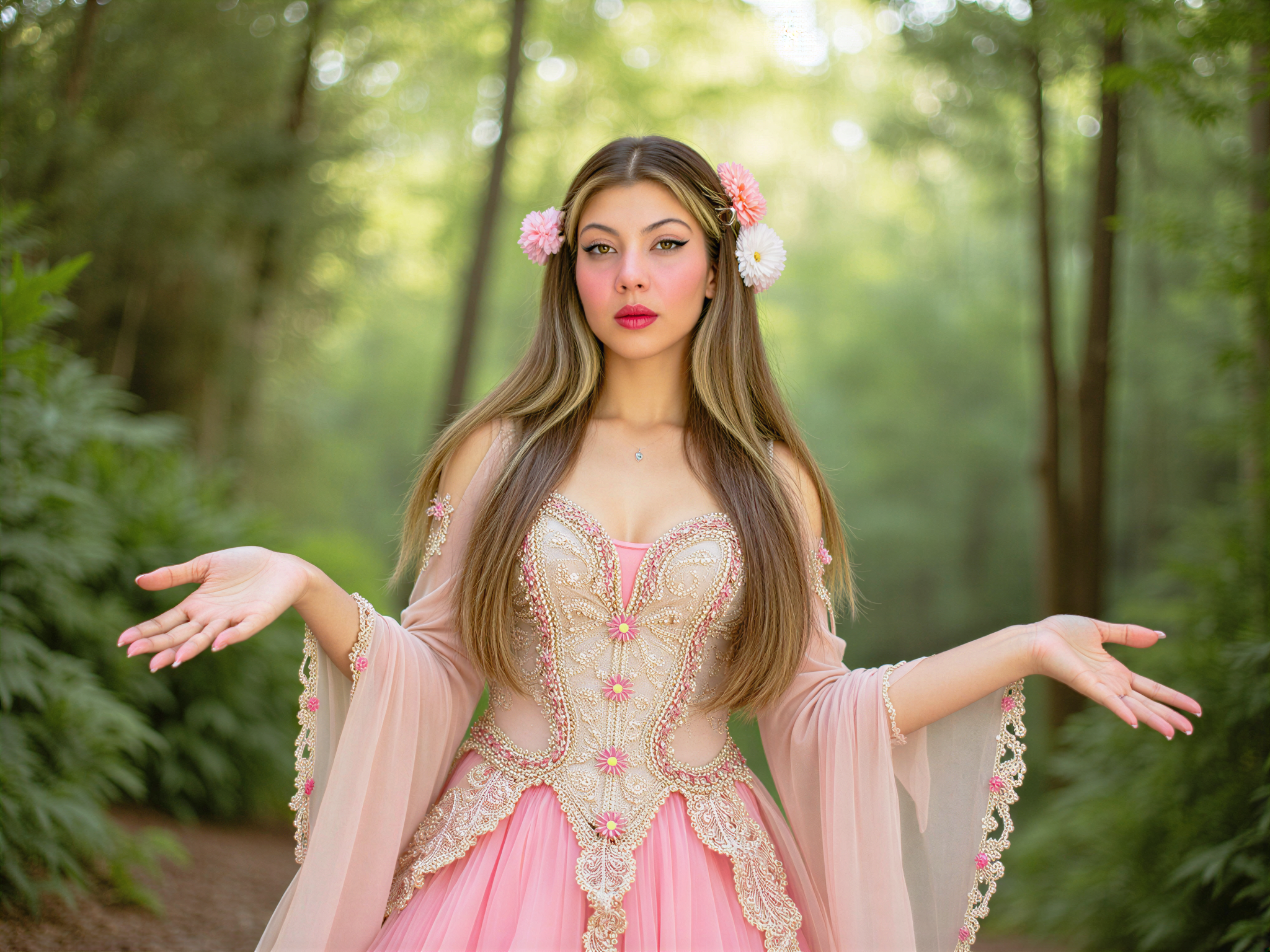 A female cosplay artist, OD62S, aged 28, joyfully embodying a whimsical fantasy character in vibrant attire. She wears an elaborate gown adorned with shimmering sequins and intricate embroidery that captures the enchanting spirit of a fairy tale. Her long hair, styled in soft waves, flows down her back, accented by floral accessories woven through her locks. The backdrop features a lush, enchanted forest filled with soft sunlight filtering through the leaves, enhancing the magical atmosphere. Her pose exudes happiness, with a bright smile and open arms, suggesting she is inviting the viewer into her fantastical world. The scene is rendered in a hyper-realistic style, emphasizing the joyful and ethereal mood of the moment.