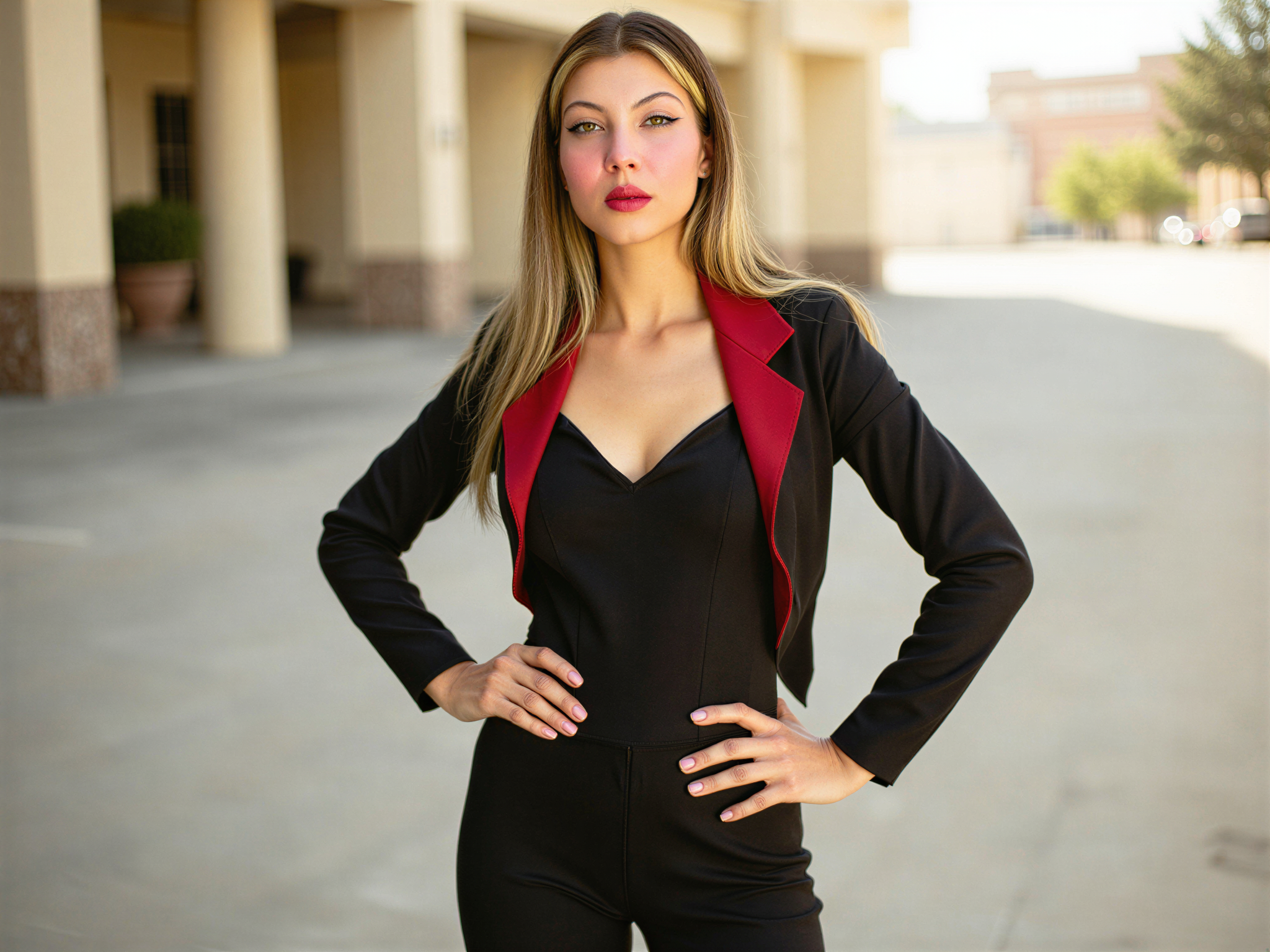 A female role-playing as Black Widow, OD62S, aged 28, embodying a vibrant and joyful essence despite the character’s usual dark persona. She wears a sleek black bodysuit with red accents, perfectly tailored and accentuating her athletic form. Her hair is styled in loose, flowing waves that softly frame her face. The setting is a bright, sunny urban environment, with effervescent colors that contrast the black suit, radiating happiness. She stands confidently with her hands on her hips, a warm smile illuminating her features. The composition includes playful elements, like playful lens flares or colorful props that enhance the overall joyful mood, achieving a photorealistic appeal while capturing the balance between strength and happiness.