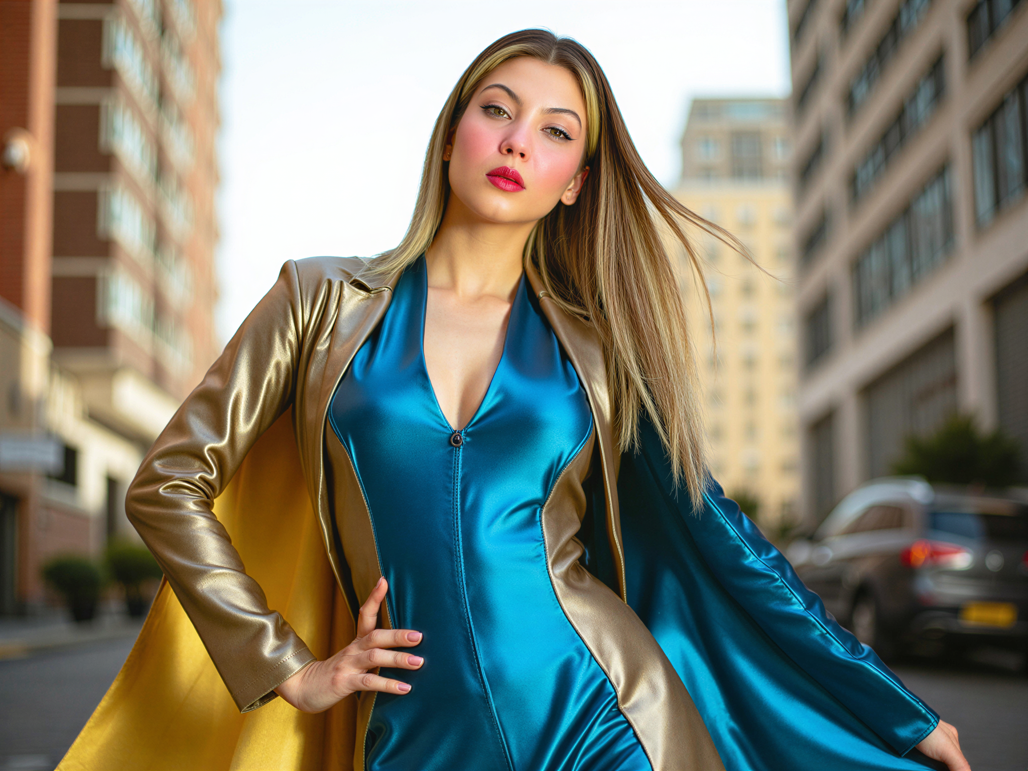 A vibrant and joyful female superhero, OD62S, aged 28, stands amidst a dynamic urban backdrop filled with vibrant colors and action. She wears a striking, form-fitting suit made from a shimmering metallic fabric in electric blue and iridescent gold. The suit features a dramatic cape that flows behind her, embodying power and grace. Her long hair streams back in the wind, and her confident smile radiates happiness and strength. Bright sunlight glimmers off her suit, creating an atmosphere of optimism and heroic spirit. The cityscape behind her adds energy to the image, positioning her as a beacon of hope. The composition captures the thrill of heroism, infused with a sense of joy that invites viewers to believe in the extraordinary.