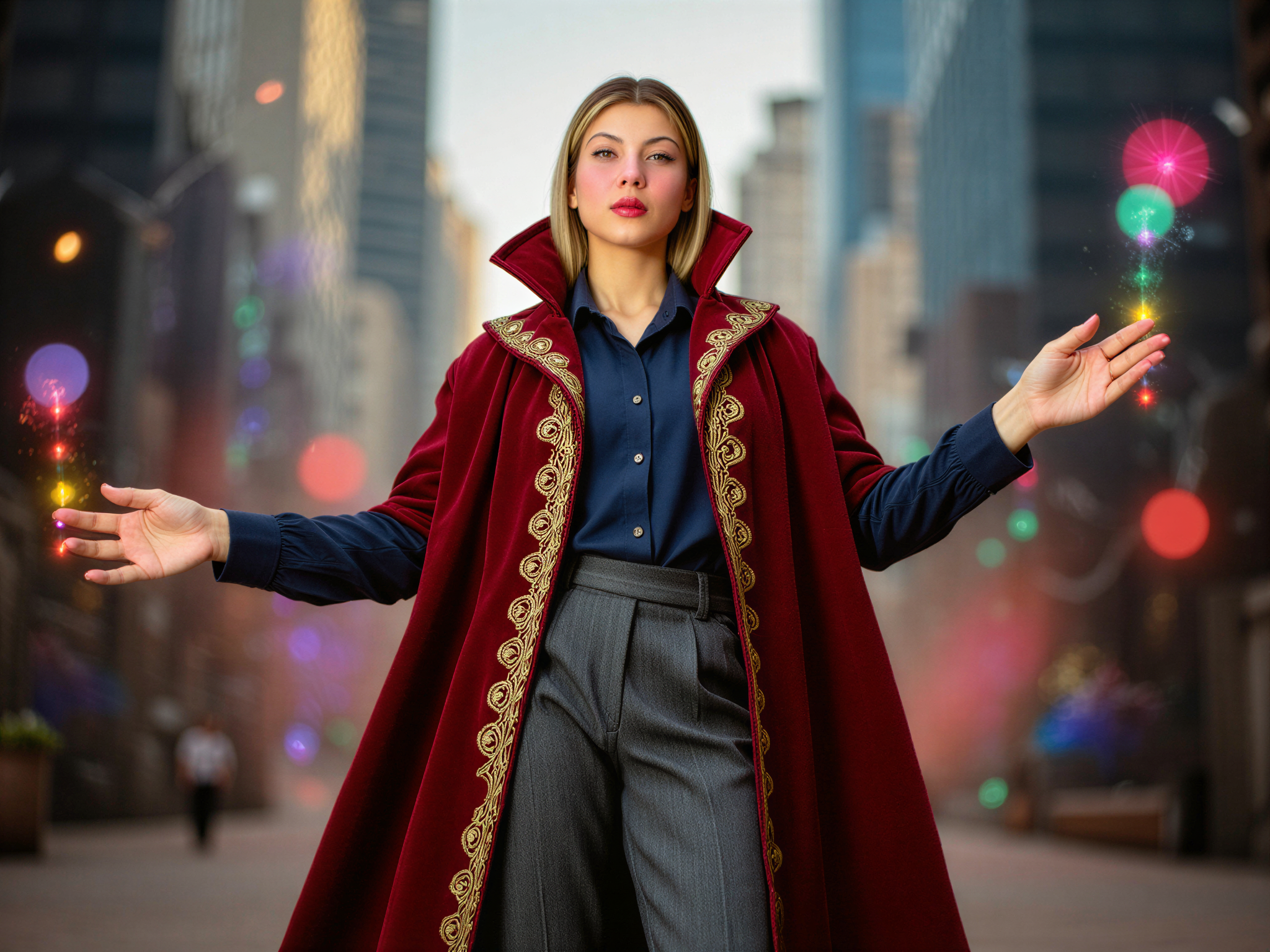 A female figure, OD62S, aged 28, ROLE-PLAYING as Doctor Strange, exuding an air of confident magic. She wears an intricately detailed long cloak made of deep crimson velvet with golden embroidery that captures the essence of the character. Underneath, a tailored blue tunic and gray trousers complete the ensemble, evoking the mystique of the sorcerer. With a joyful smile, her arms are outstretched, casting an imaginary spell as colorful lights swirl around her. The background features a fantastical, blurred cityscape, capturing a sense of wonder and adventure. The entire scene is lit with a warm glow, enhancing the cheerful mood. The overall composition celebrates both the enchanting realm of magic and the happiness of the character.