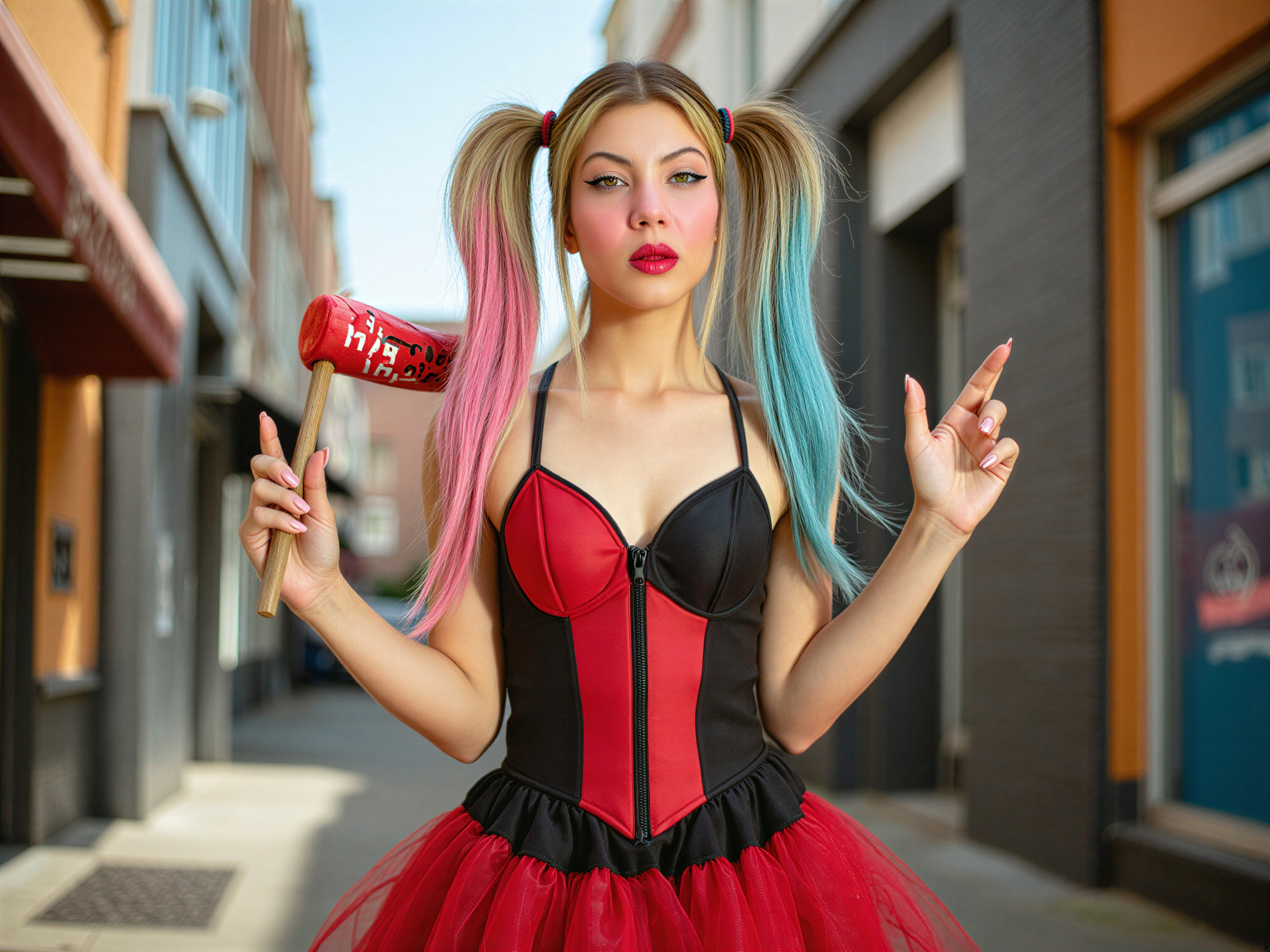 A vibrant and lively female, OD62S, aged 28, portrayed as Harley Quinn. She is a realistic human exhibiting the playful chaos of the character, with a bright red and black ensemble featuring a fitted corset and ruffled tutu skirt. Her hair is styled into playful pigtails, one side dyed bright pink and the other blue, adorned with a jester's hat. Captured in a cheerful pose, she is holding a mallet with a huge grin, showing a joyful spirit. The background is a colorful and whimsical urban setting, adding to the fun, chaotic atmosphere of her character. The lighting is bright and dynamic, enhancing the happy mood of the scene.