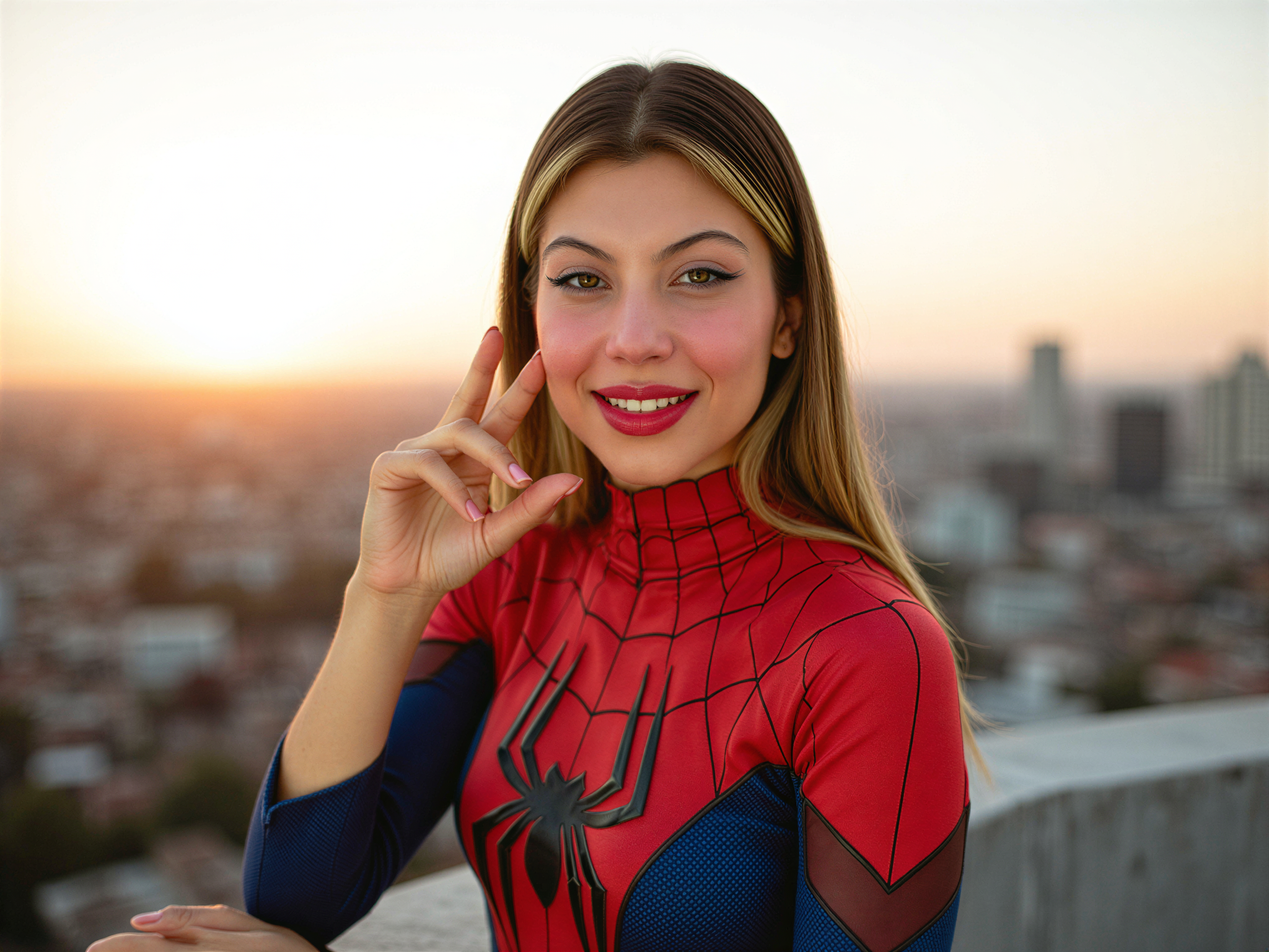 A joyful female figure, OD62S, aged 28, role-playing as Spider-Man in a vibrant urban setting. She wears a meticulously crafted red and blue Spider-Man suit, embellished with intricate web patterns, and is striking a dynamic pose atop a city rooftop, basking in the golden hour light. Her expression radiates happiness, with a playful smile and wide eyes that convey the thrill of adventure. The skyline behind her is filled with soft, warm hues as the sun sets, enhancing the cheerful mood of the scene. The composition showcases a blend of realism and comic book charm, emphasizing the character's empowerment and joy in the moment.