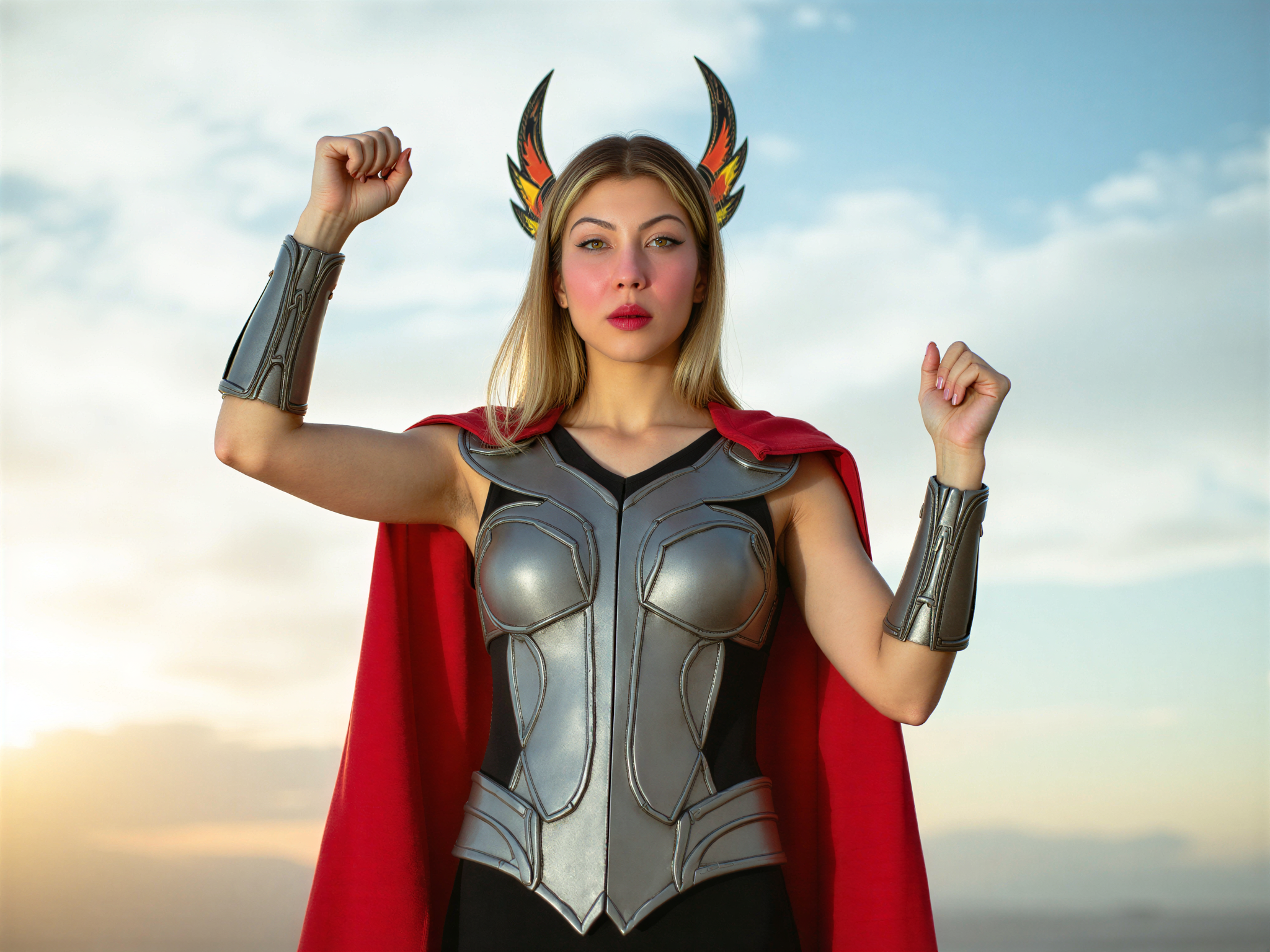 A joyful female individual, OD62S, aged 28, role-playing as Thor, infused with a sense of playful power and elation. She dons a meticulously crafted Thor-inspired costume featuring a silver breastplate with intricate detailing, red cape cascading behind her, and a pair of vibrant, winged helmet elements. Her stance is dynamic, one fist raised triumphantly as if wielding Mjolnir, with a powerful, beaming smile that radiates happiness. The background is a bright, fantastical landscape inspired by Norse mythology, with clouds and faint lightning effects, evoking a magical atmosphere that complements the character's heroic essence. This hyper-realistic portrayal accentuates the strength and joy of female empowerment.