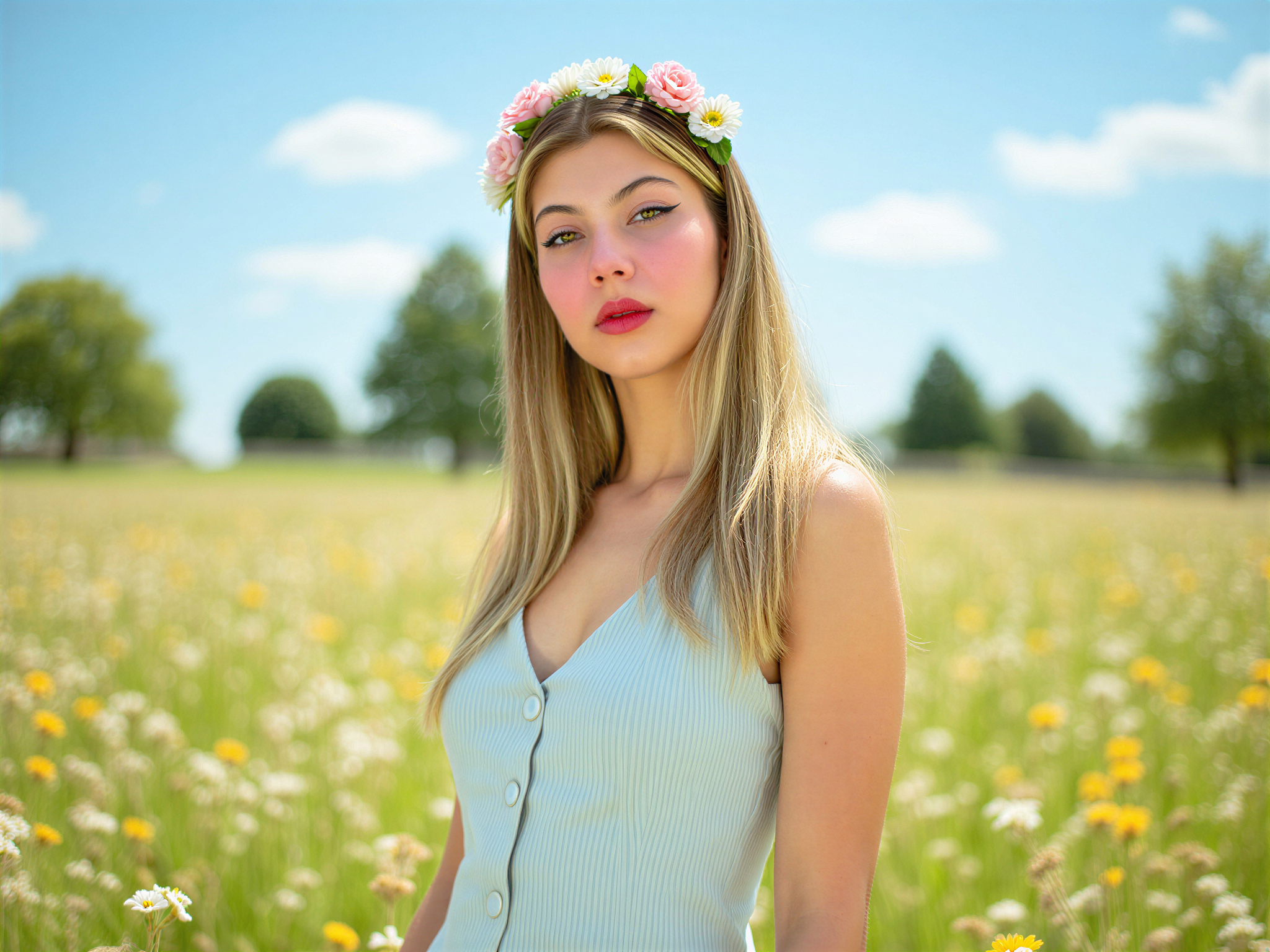 A joyful 28-year-old female, OD62S, role-playing as a character inspired by Studio Ghibli, standing in a vibrant, sunlit meadow filled with wildflowers. She wears a flowing, ethereal dress that flutters with the breeze, adorned in soft pastels reminiscent of Ghibli’s enchanting color palette. Her hair cascades in loose waves, and she wears a floral crown, embodying the carefree spirit and magic of nature. The background features whimsical trees and a bright blue sky, enhancing the happy mood of the scene, capturing the essence of childhood wonder and joy. This hyper-realistic image encapsulates the playful essence of Ghibli with expressive facial features exuding happiness and delight.