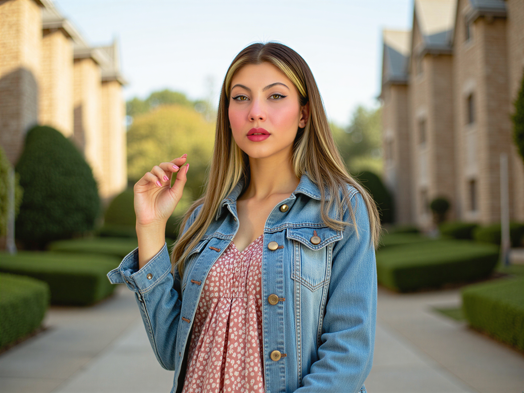 A joyful female figure, OD62S, aged 28, captured in a vibrant setting near iconic campus landmarks. She wears a chic, casual outfit consisting of a fitted denim jacket over a flowing floral dress, embodying youthful exuberance. Her hair cascades in loose waves, and she sports a wide, infectious smile. The background features historic buildings and lush greenery, awash in warm sunlight, evoking a sense of nostalgia and happiness. The composition focuses on her engaging expression, perfectly framed within the beautiful campus environment, highlighting the bliss of college life. The mood is bright and celebratory, inviting viewers to share in her joy.