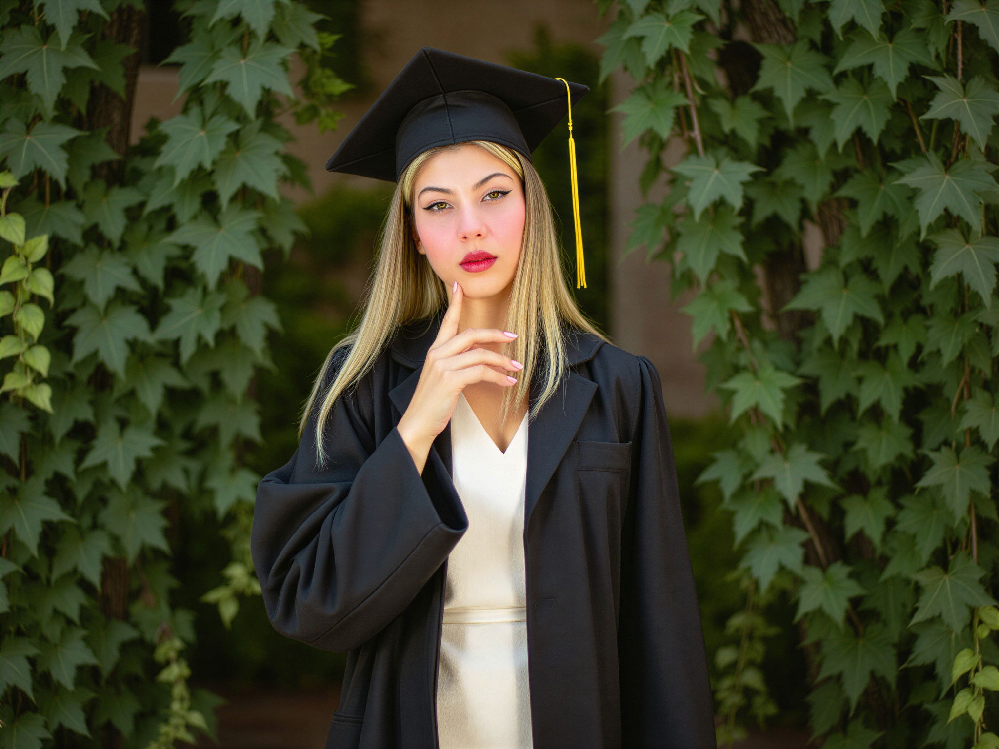 A celebration of achievement featuring a female graduate, OD62S, aged 28, radiating joy and pride. She wears a classic black graduation gown draped elegantly over a fitted ivory dress beneath, with a matching mortarboard tilted playfully on her sleek, loose hair. Green ivy vines frame the picture, hinting at an ivy-covered academic backdrop that symbolizes knowledge and growth. Her smile sparkles with happiness, highlighted by soft, warm lighting that creates an inviting, celebratory atmosphere. The composition captures the essence of her joyous accomplishment, surrounded by the beauty of nature, evoking feelings of hope and future potential.