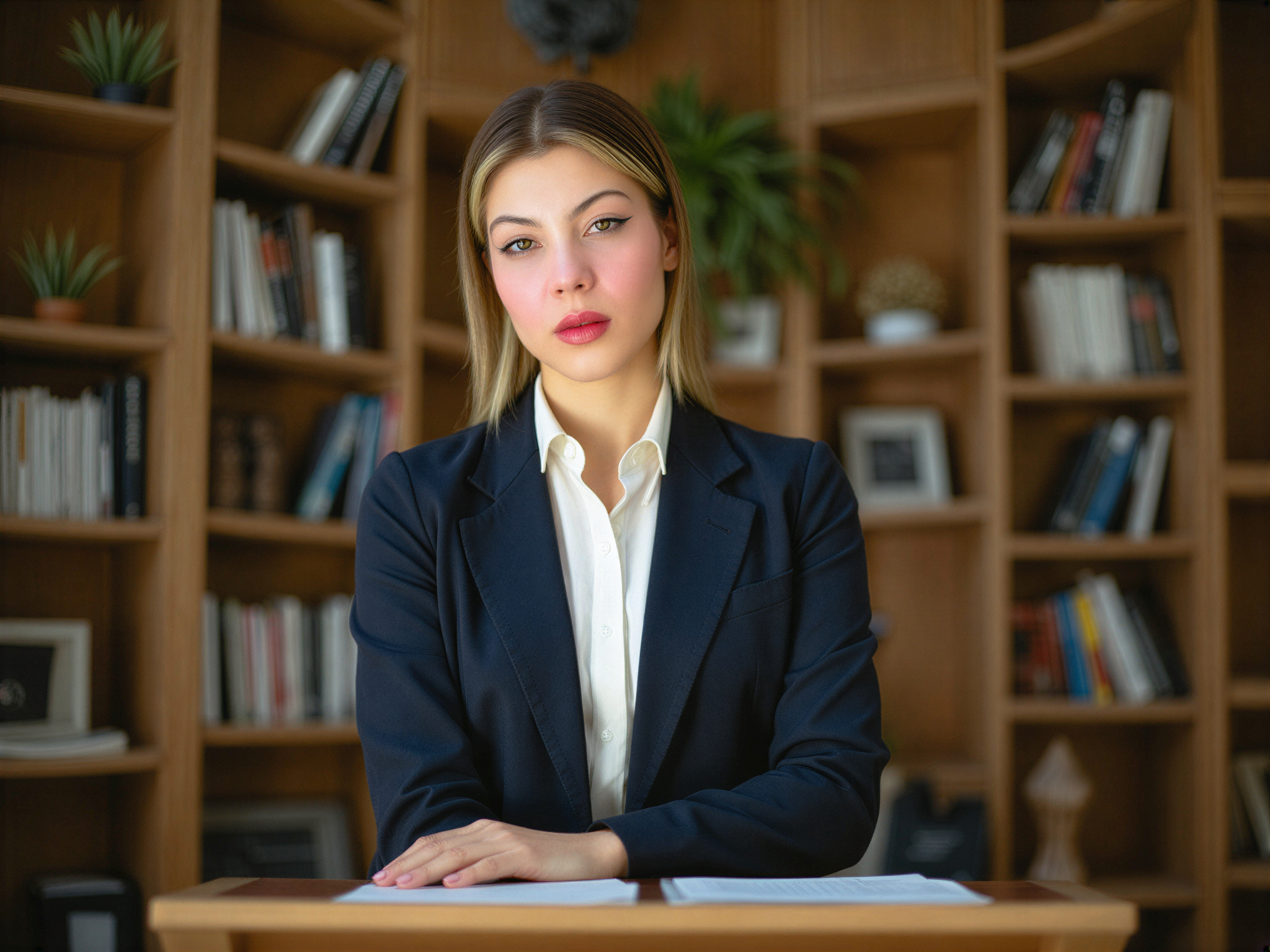 A determined female individual, OD62S, aged 28, is captured during her thesis defense presentation in an academic setting. She stands confidently at a podium, dressed in a tailored navy blue blazer over a crisp white blouse, complemented by elegant, tailored trousers. Her hair is styled in a sleek bun, showcasing her focused expression, and she exudes a radiant smile that reflects her happiness and accomplishment. A backdrop of bookshelves filled with scholarly texts and a few colorful plants enhances the intellectual atmosphere. The soft, warm lighting highlights her features, lending the scene an inviting feel, encapsulating the joy of a significant achievement in a professional context.