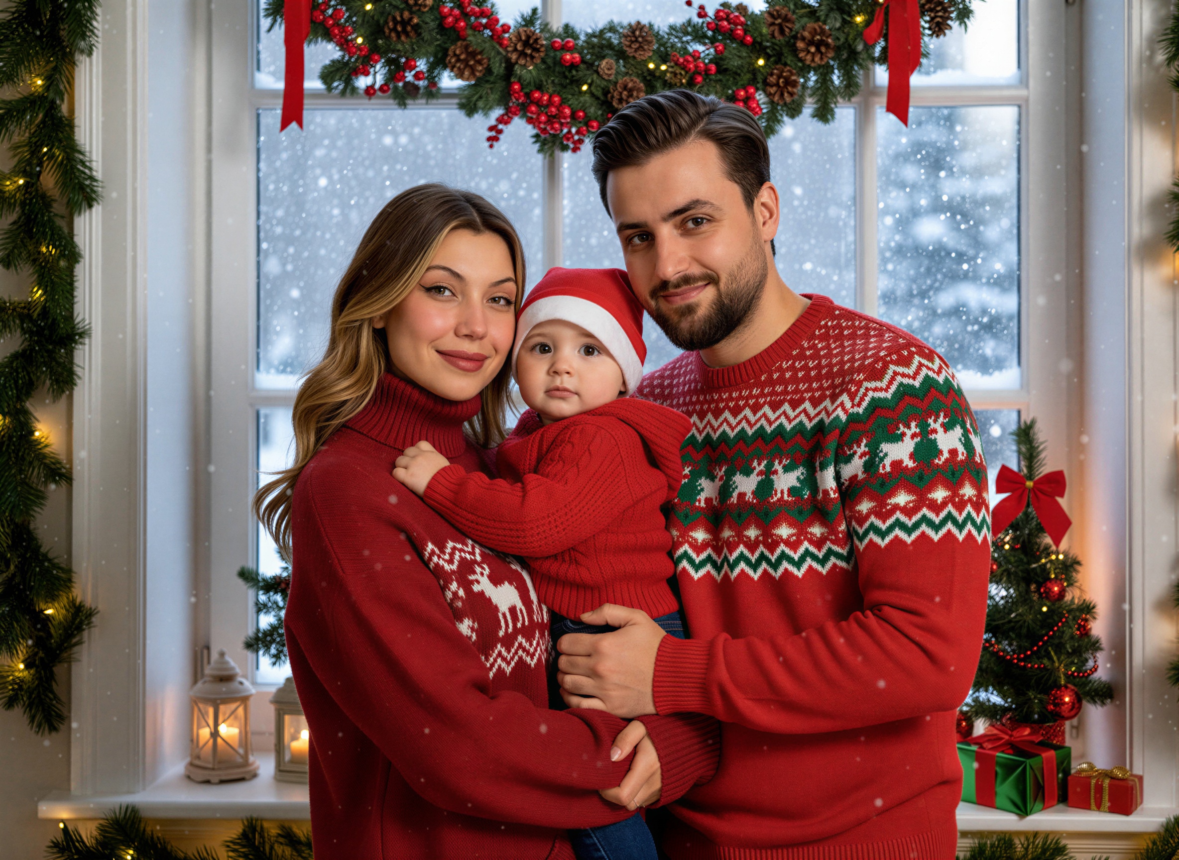 A happy family poses together in festive red sweaters, standing in front of a snowy window decorated with Christmas greenery and ornaments. The mother holds a baby dressed in a Santa hat, while the father smiles beside them, creating a warm holiday atmosphere.