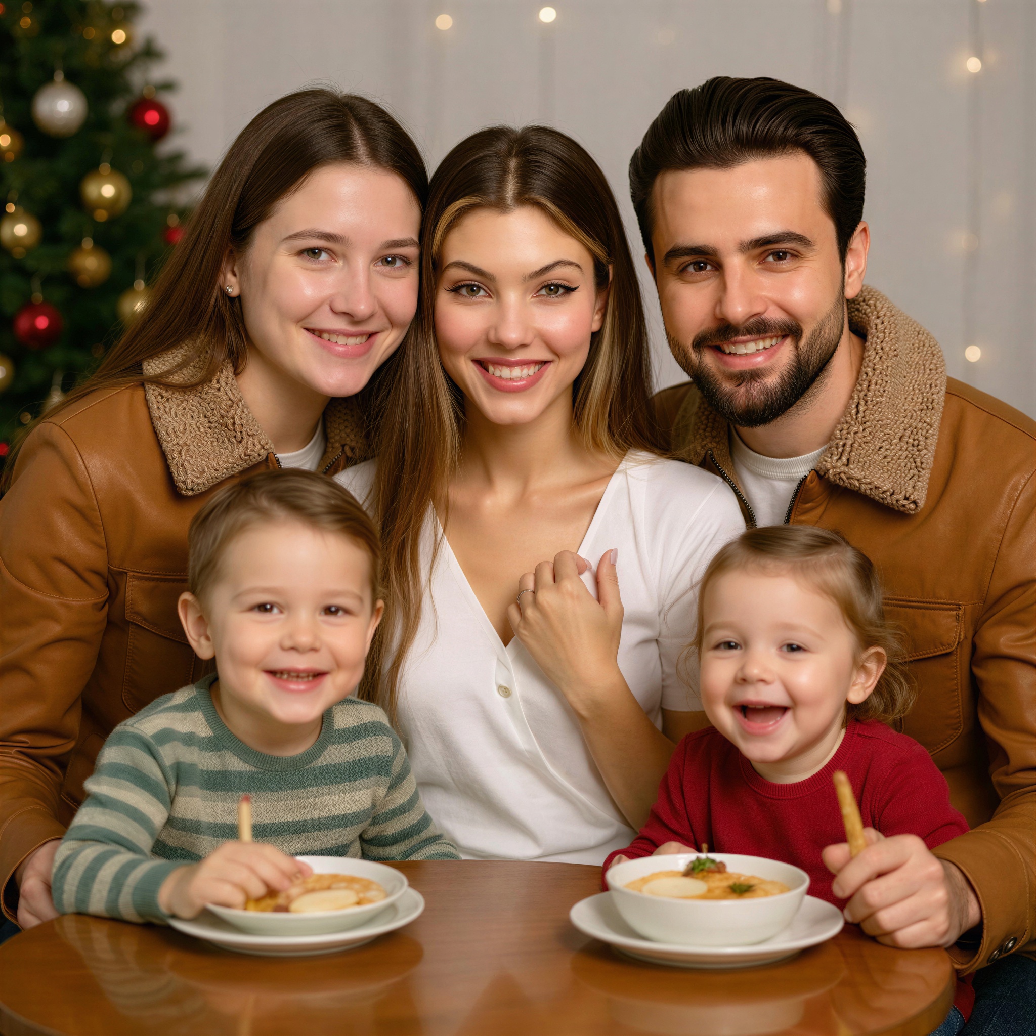 A happy family of four, including two adults and two young children, enjoying a meal together at a wooden table, with festive decorations in the background.
