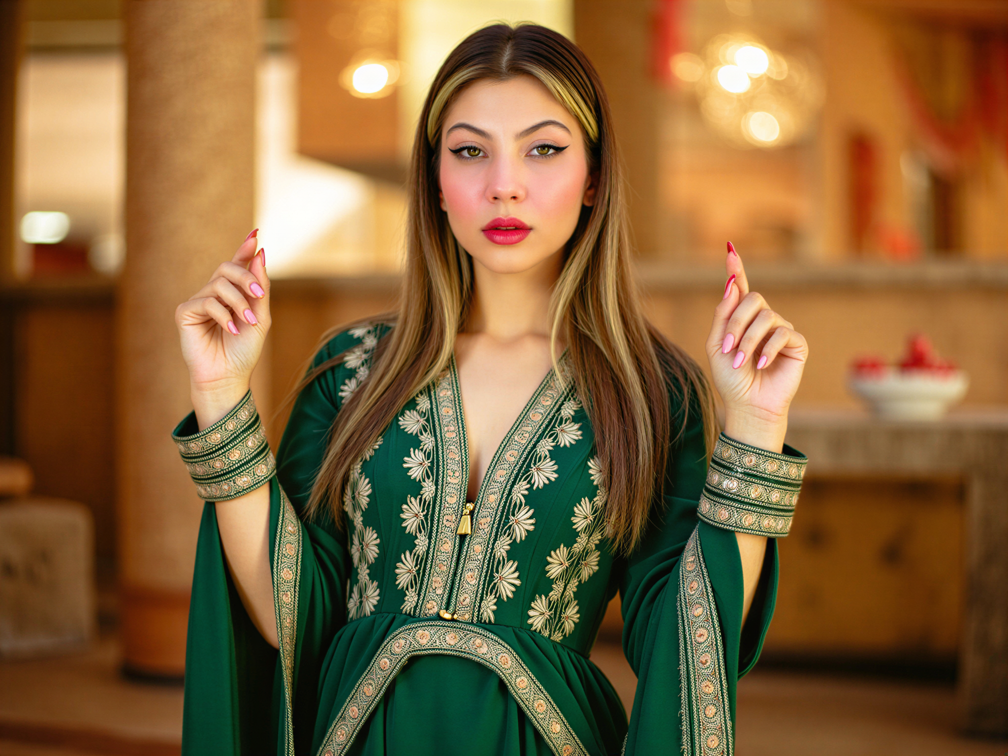 A vibrant portrait of a female, OD62S, aged 28, celebrating Eid with joy and elegance. She wears a beautifully embroidered, floor-length anarkali dress in rich jewel tones of emerald green and gold, adorned with intricate patterns. The dress flows gracefully, accentuating her movement. Her hair is styled in loose waves, adorned with delicate gold accessories, and her makeup is fresh and luminous, capturing the essence of happiness. She raises her arms slightly as if embracing the festive atmosphere, with a warm smile radiating joy. The background is softly blurred, hinting at a lavish Eid celebration filled with lights and colors, evoking a sense of festivity and cultural richness. The lighting is bright and cheerful, enhancing the mood of happiness with a golden glow.